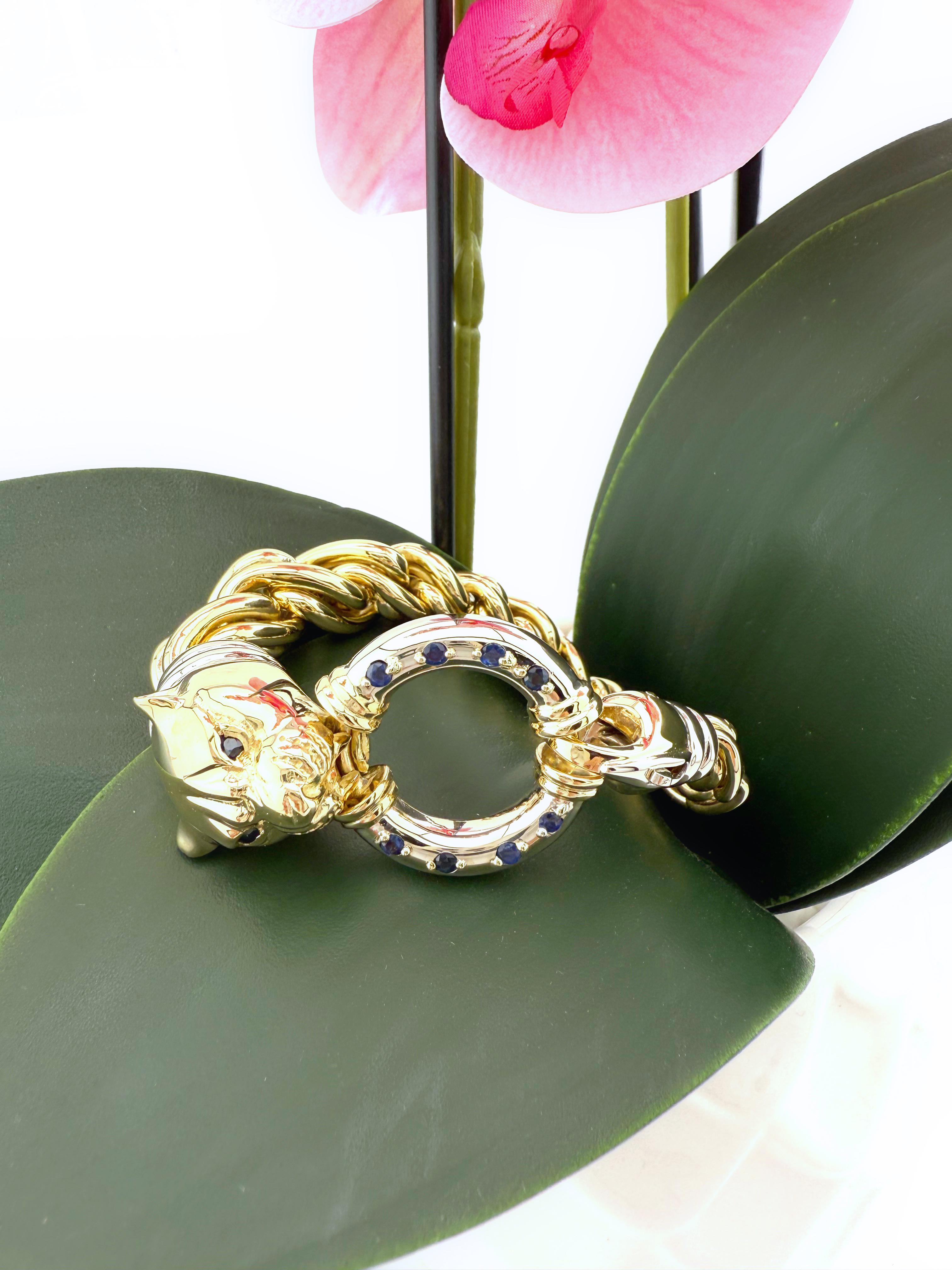 Pulsera Link Cabeza de Pantera con Zafiros Azules en Oro Blanco y Amarillo de 18k en Bueno estado para la venta en San Diego, CA