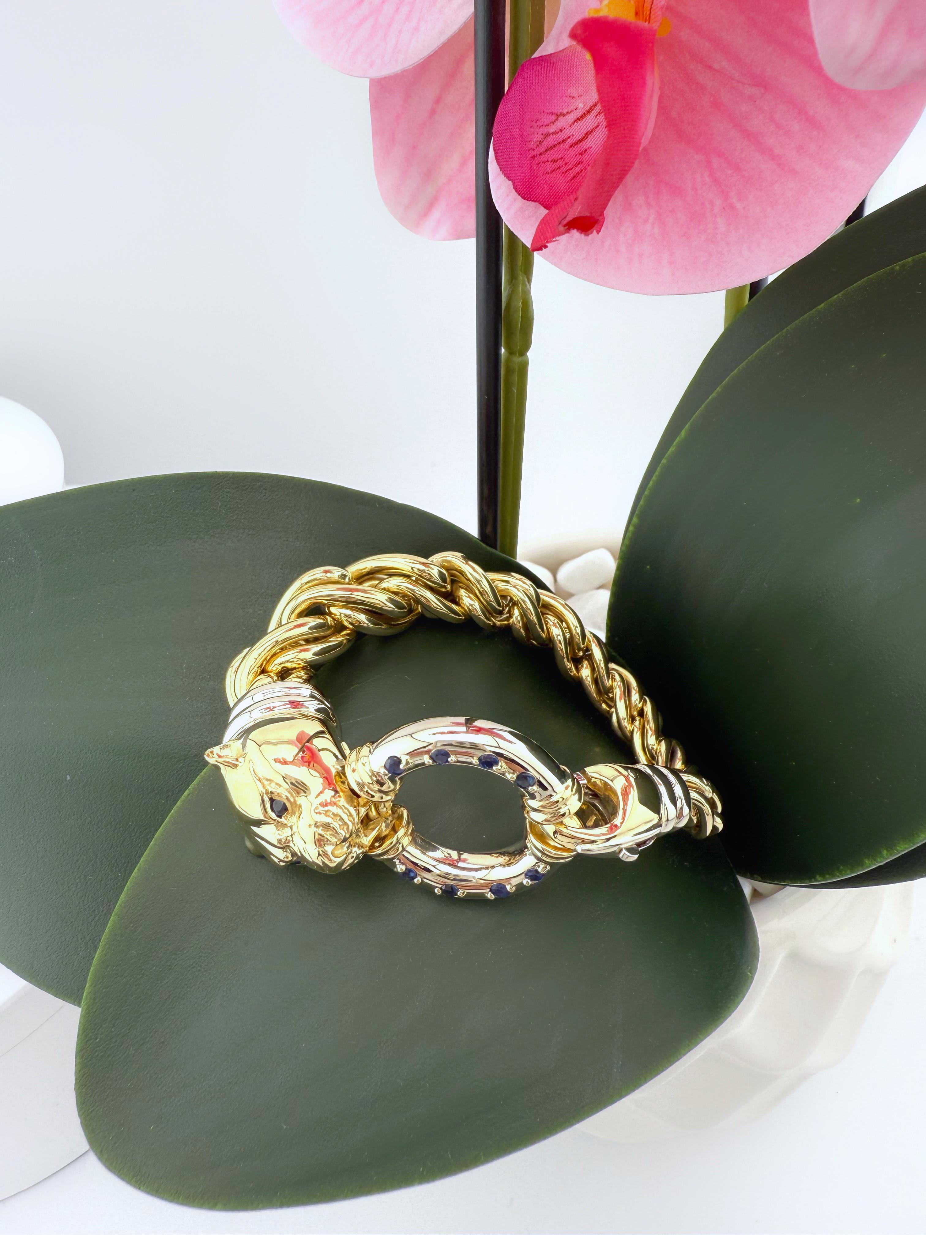 Femenino o masculino Pulsera Link Cabeza de Pantera con Zafiros Azules en Oro Blanco y Amarillo de 18k en venta