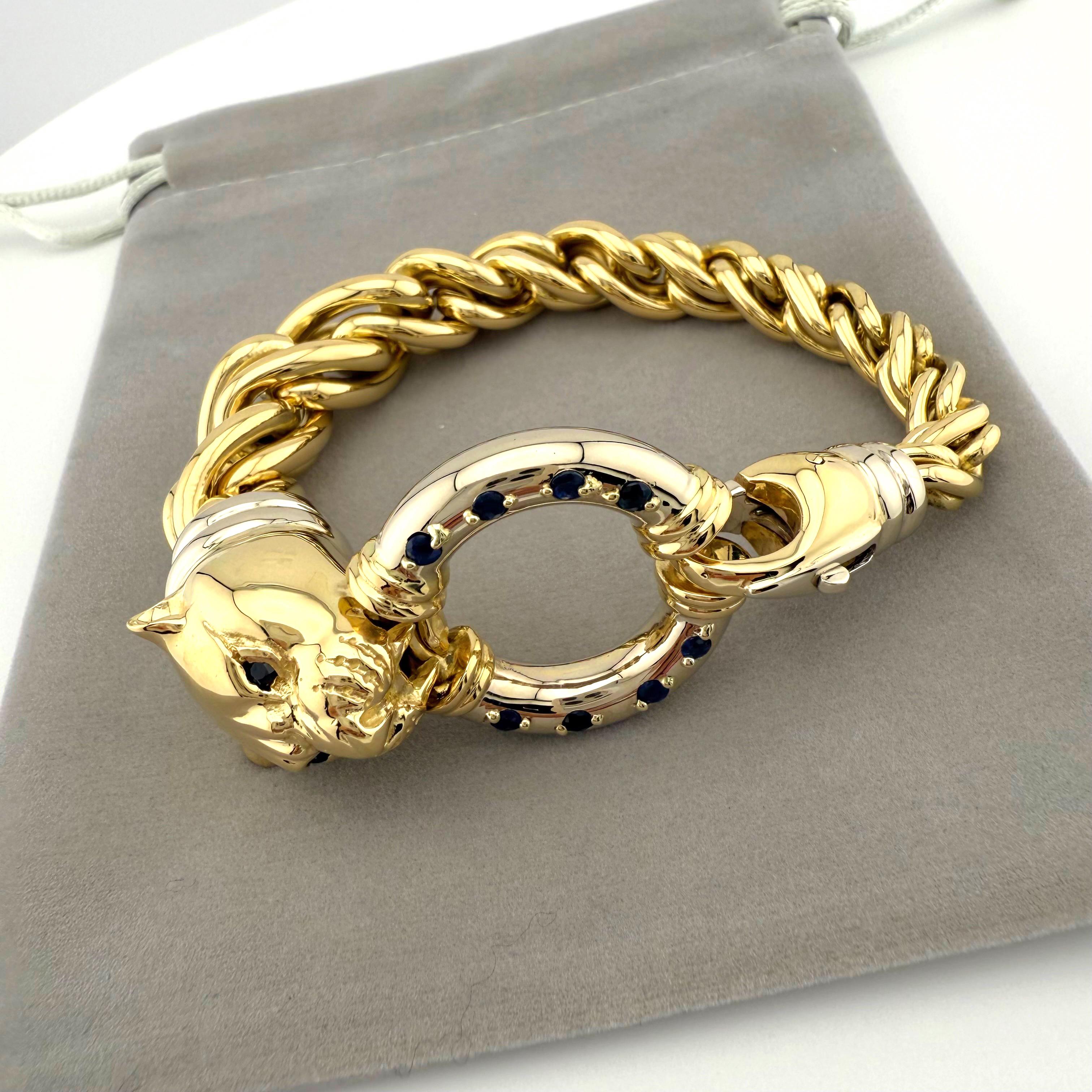 Pulsera Link Cabeza de Pantera con Zafiros Azules en Oro Blanco y Amarillo de 18k en venta 1