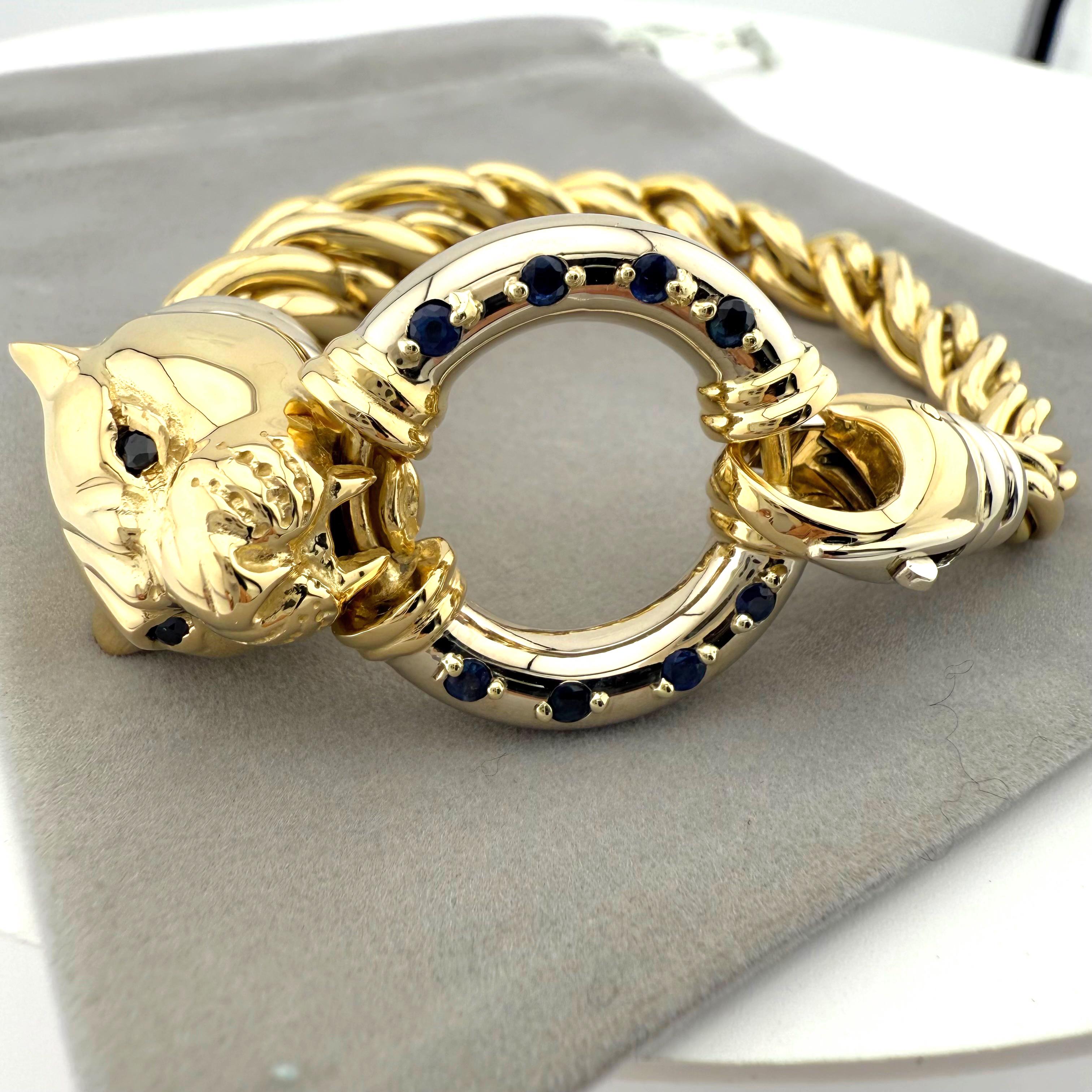 Pulsera Link Cabeza de Pantera con Zafiros Azules en Oro Blanco y Amarillo de 18k en venta 2