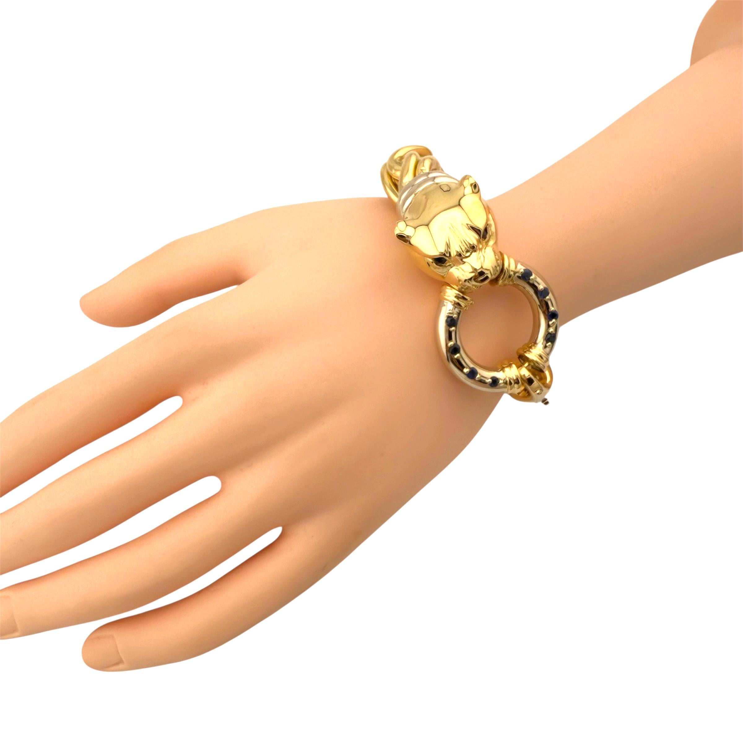 Pulsera Link Cabeza de Pantera con Zafiros Azules en Oro Blanco y Amarillo de 18k en venta 3