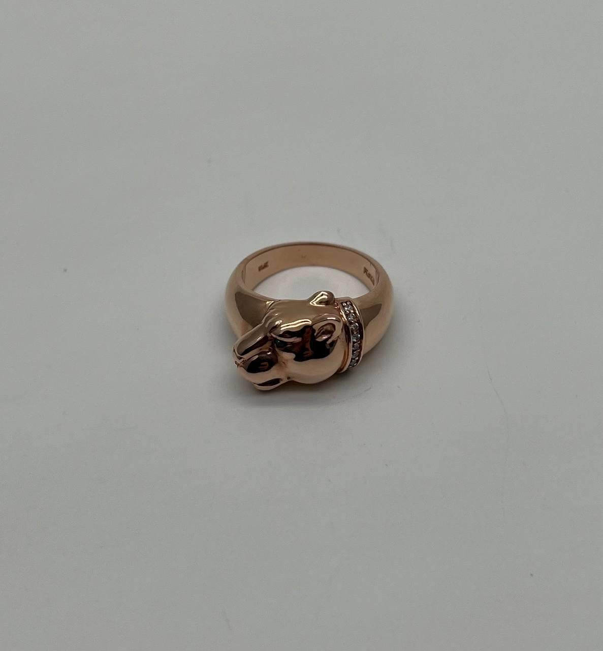 Bold and Distinctive. Crafted with a Panther Lioness Motif. Adorned with Sparkling Diamond & Emerald Accents.
18K Rose Gold.