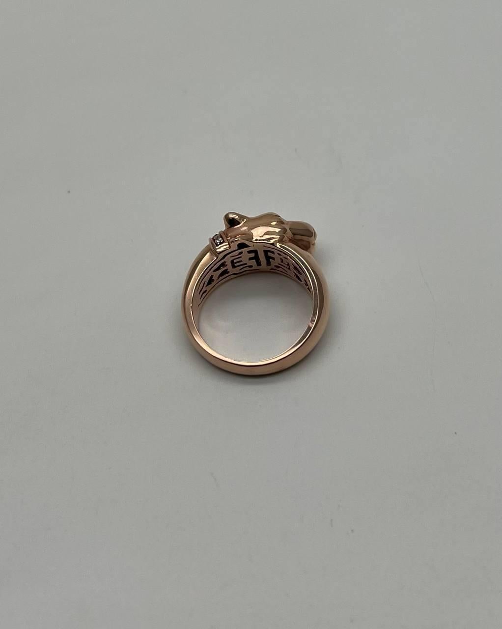 Panther Leopard Lioness Head Diamond Channel 14K Rose Gold Emerald Eyes Ring In New Condition For Sale In Oakton, VA