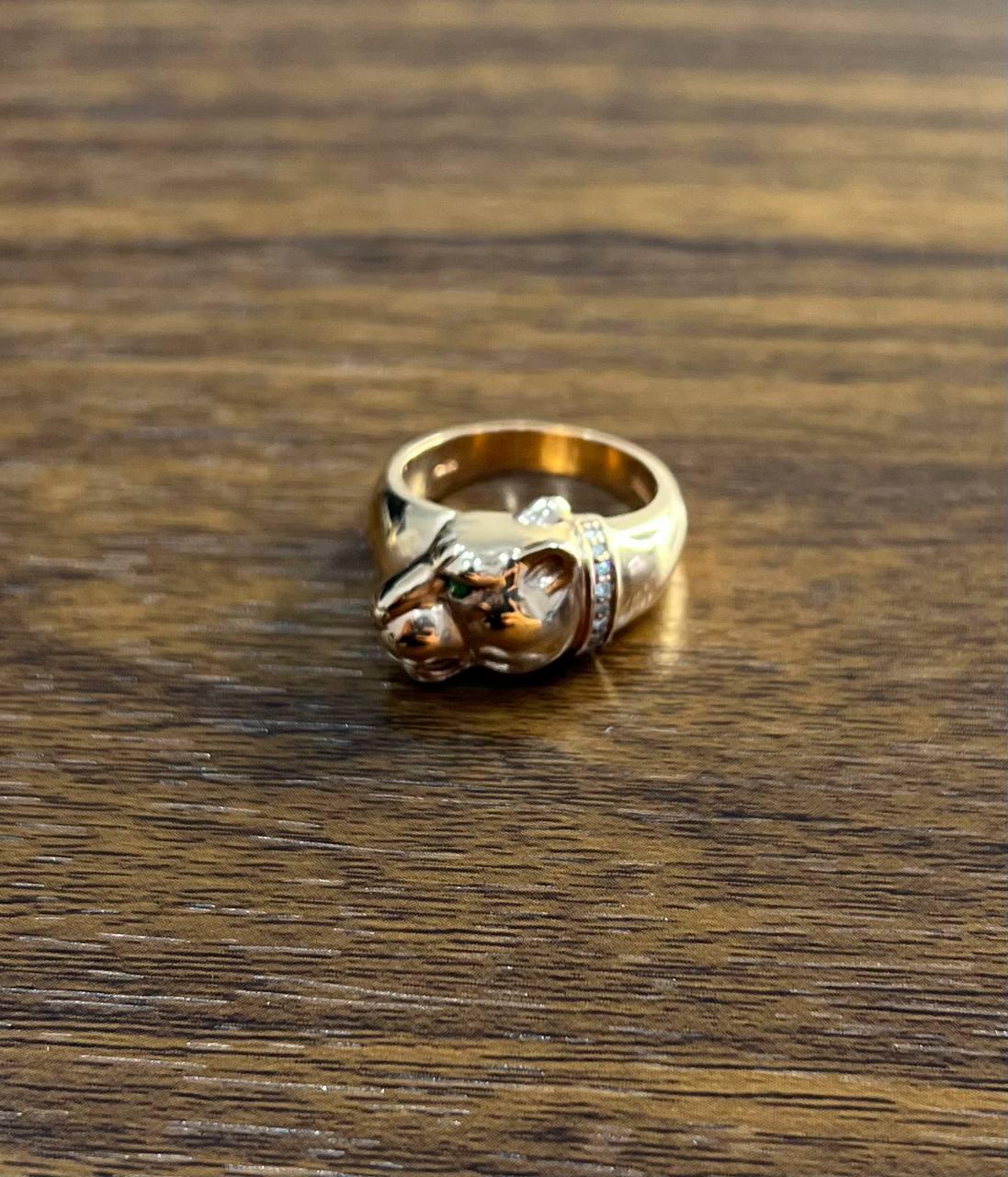 Women's Panther Leopard Lioness Head Diamond Channel 14K Rose Gold Emerald Eyes Ring For Sale