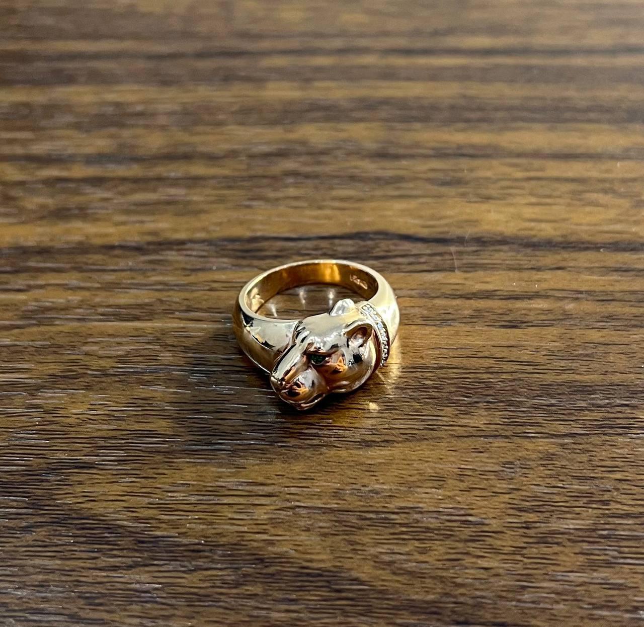 Panther Leopard Lioness Head Diamond Channel 14K Rose Gold Emerald Eyes Ring For Sale 1