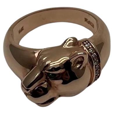 Panther Leopard Lioness Head Diamond Channel 14K Rose Gold Emerald Eyes Ring