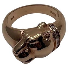 Panther Leopard Lioness Head Diamond Channel 14K Rose Gold Emerald Eyes Ring