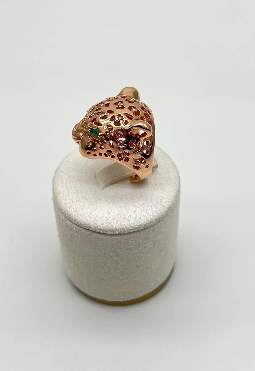 Mixed Cut Panther Lioness Leopard Diamonds Jaguar Gold Statement Full Finger Emerald Ring For Sale