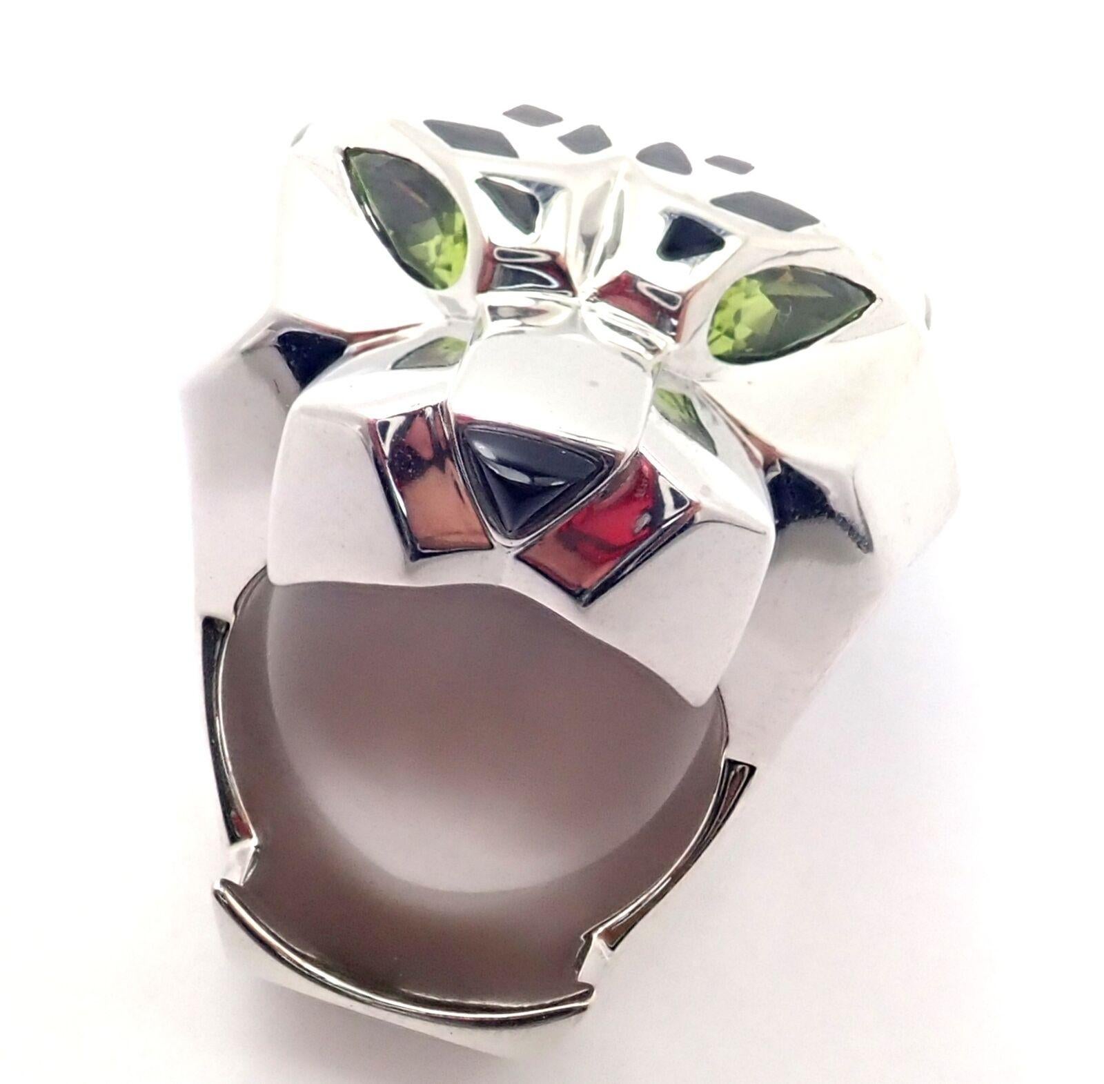 Panther Panthere Peridot Onyx Lacquer Large White Gold Ring For Sale 6