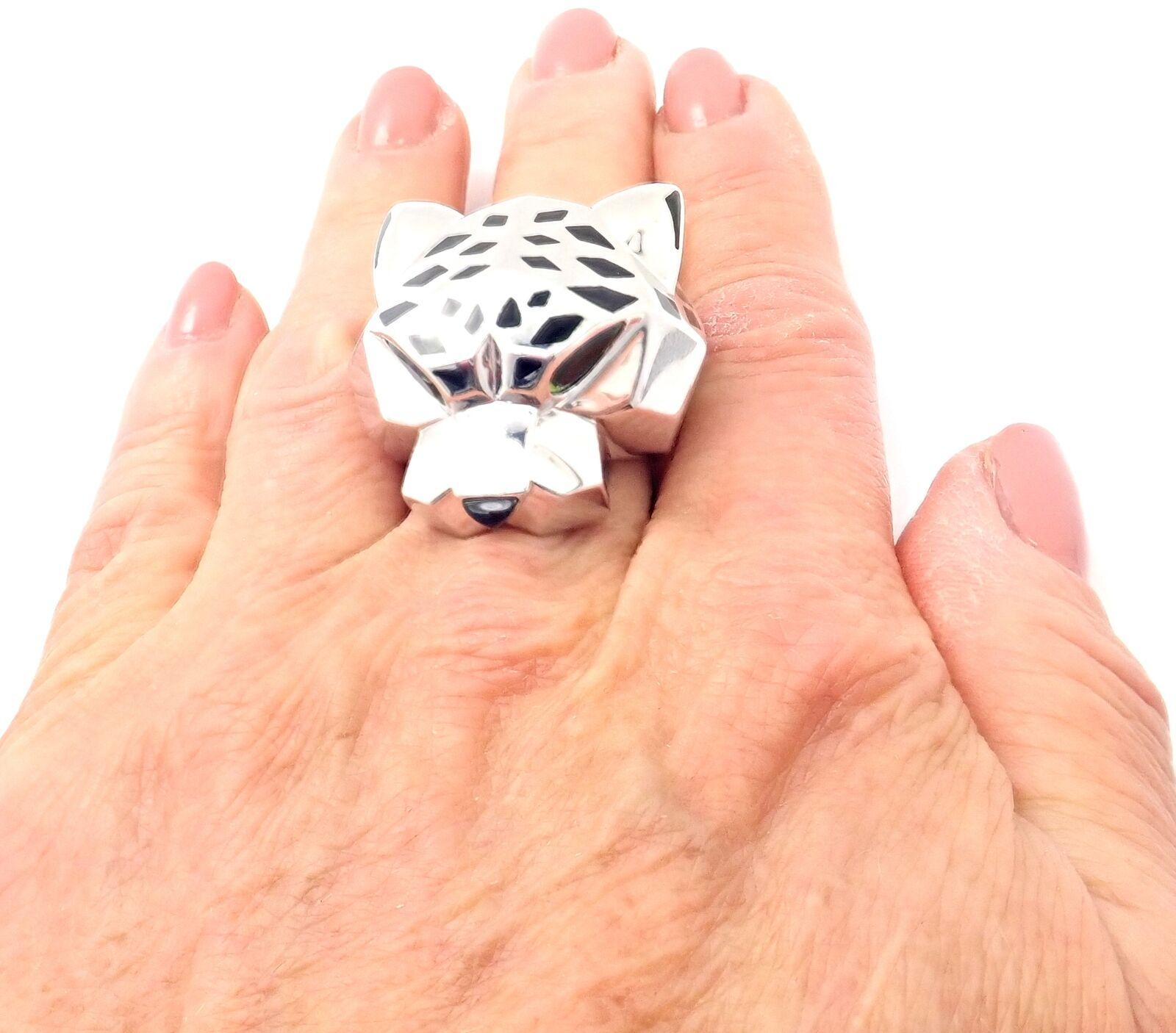 Panther Panthere Peridot Onyx Lacquer Large White Gold Ring For Sale 2