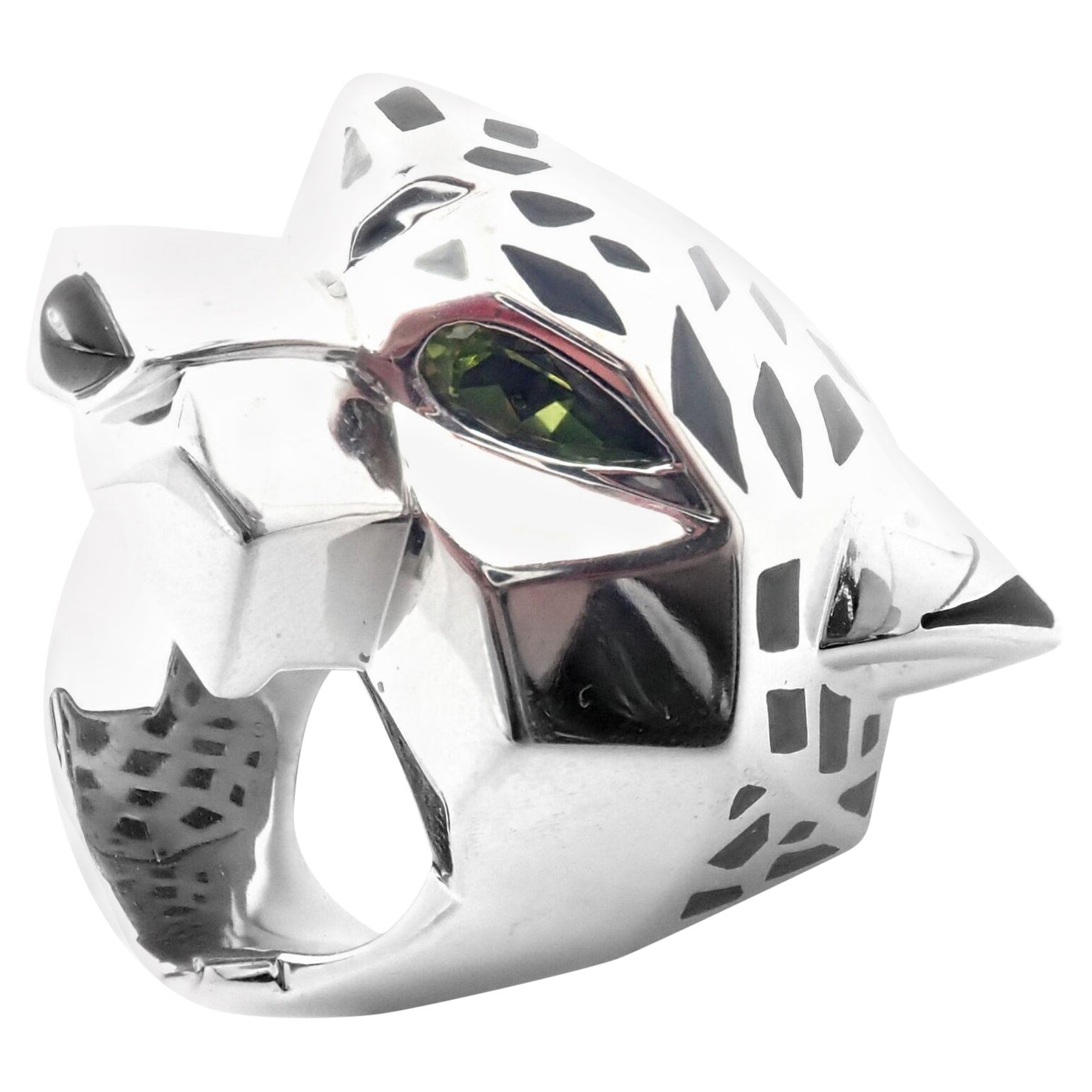 Anello Panther Panthere Peridot Onyx Lacquer Grande in Oro Bianco