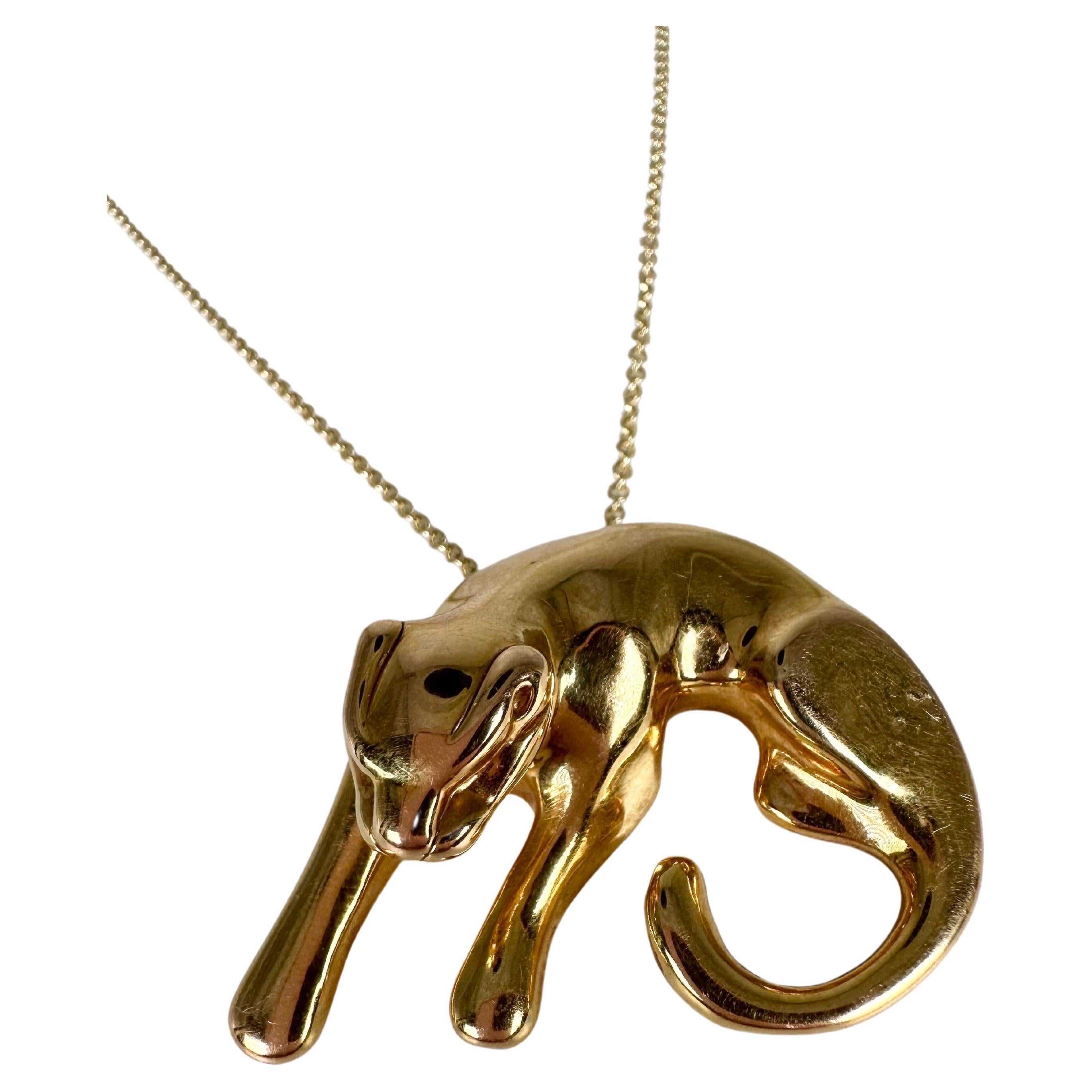 Collier à pendentif panthère en or jaune 14 carats, grand collier à pendentif animal jaguar en vente