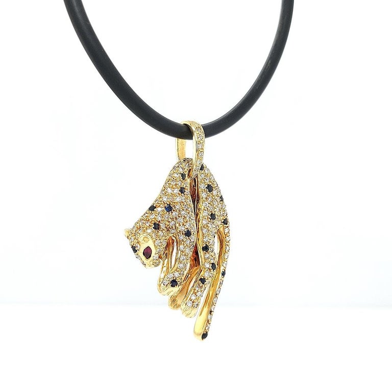 Brilliant Cut 18 kt Panther Pendant with Diamonds, Sapphire, Ruby For Sale