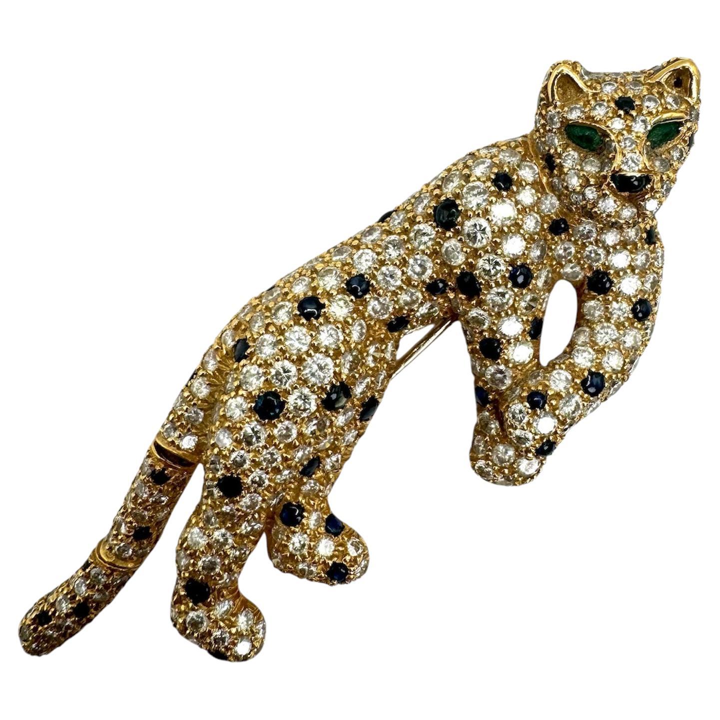 18K Yellow Gold Diamond, Sapphire, and Emerald Panther Brooch