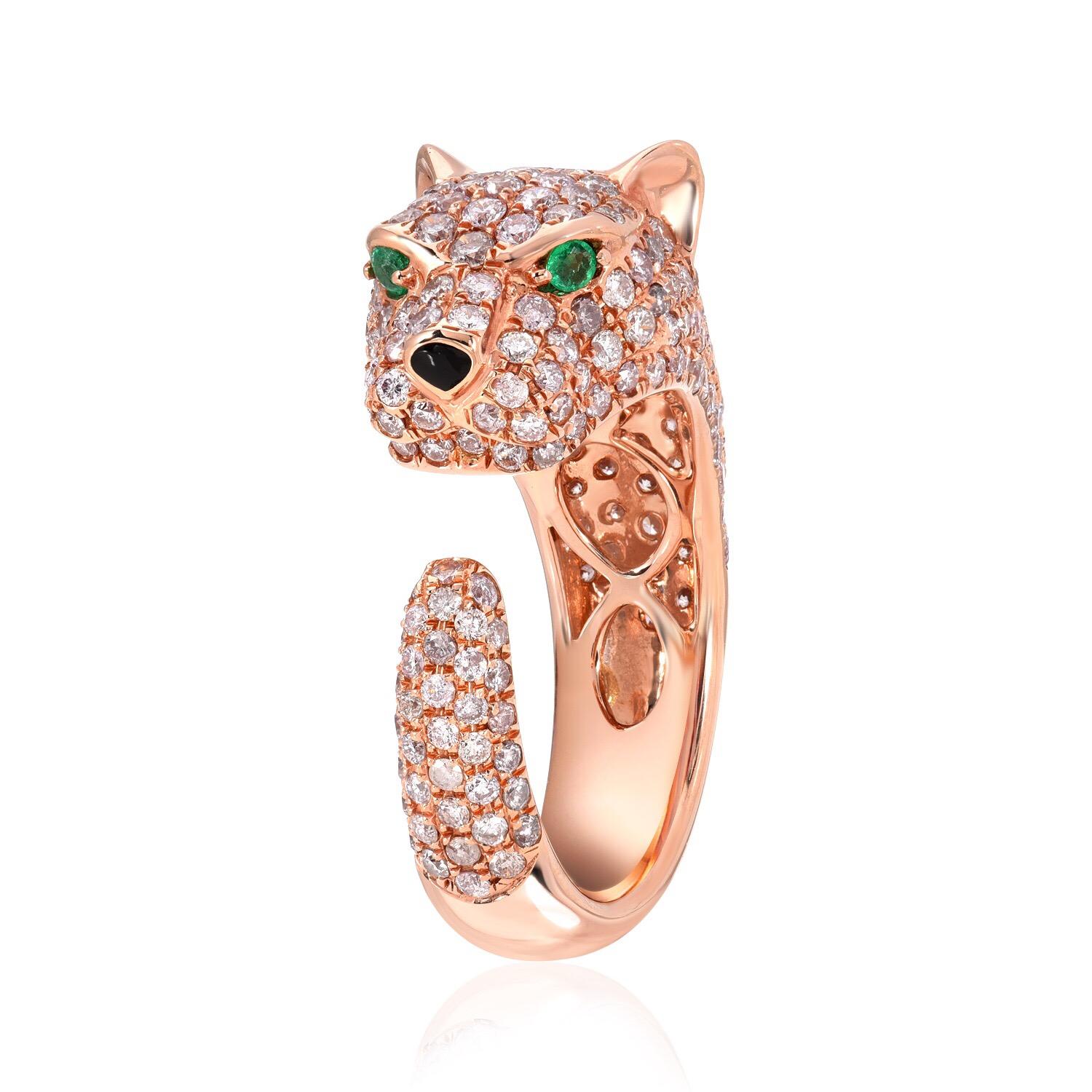 Panther Pink Diamond ring, set with a total of 2.52 carats of round natural Pink Diamonds, accented by Emeralds in the eyes weighing a total of 0.05 carats, in 18K rose gold.
Ring size 6.5. Re-sizing is complimentary upon request.
Returns are