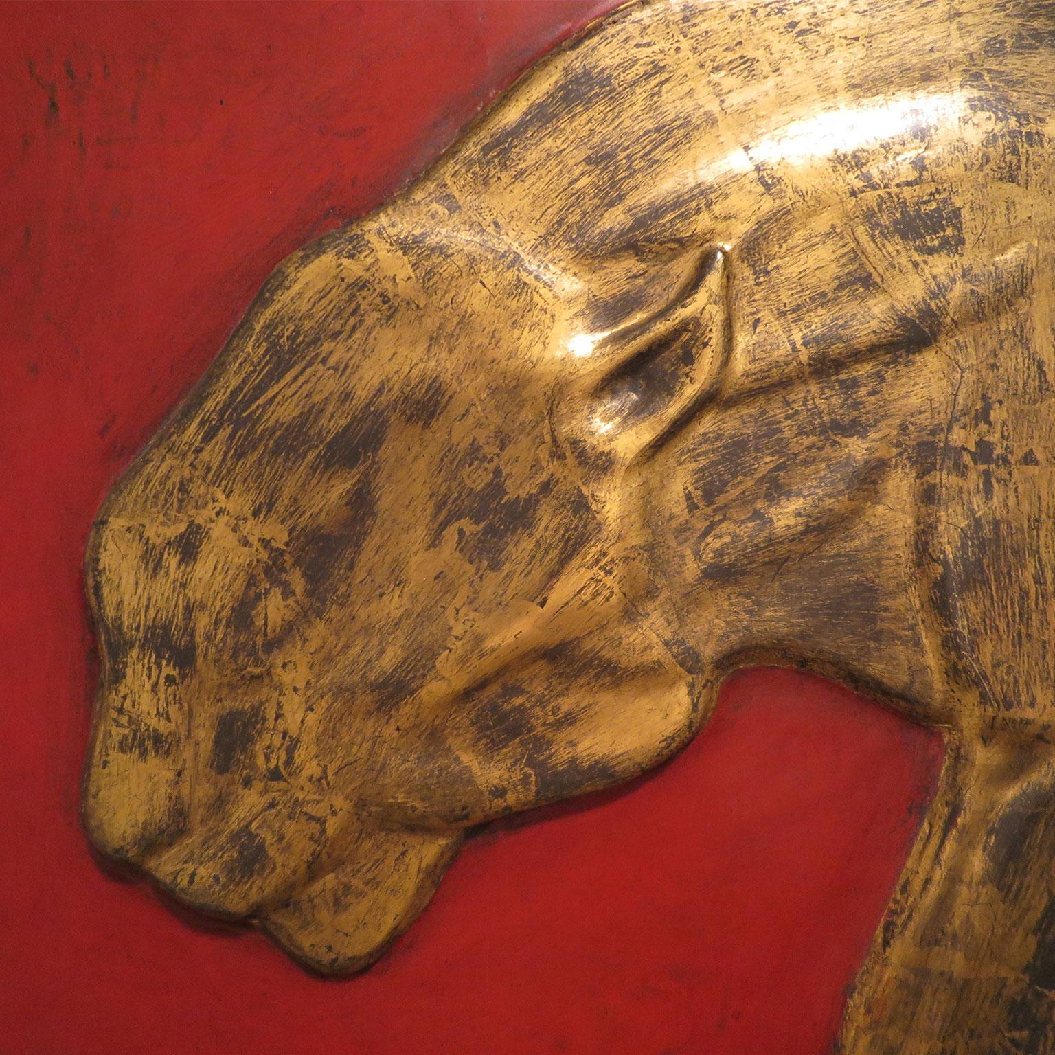 French Panther Relief with Gold Leaf on Red Background For Sale