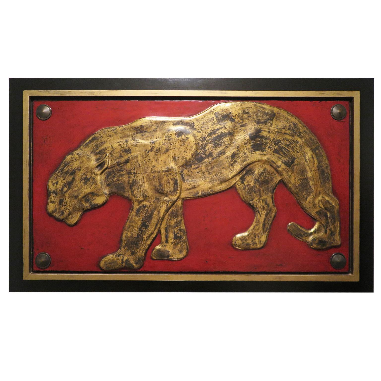 Panther Relief with Gold Leaf on Red Background For Sale