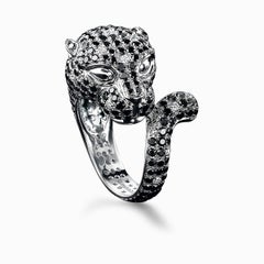 Panther Ring in 18 Karat White Gold Set with Black and White Diamonds 4.29 Carat