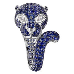 Panther Ring in 18 Karat White Gold Set with Blue Sapphires 5.73 Carat