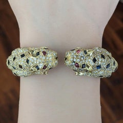 Panther Sapphire and Diamond Pave Bangle Bracelet in 18k Yellow Gold