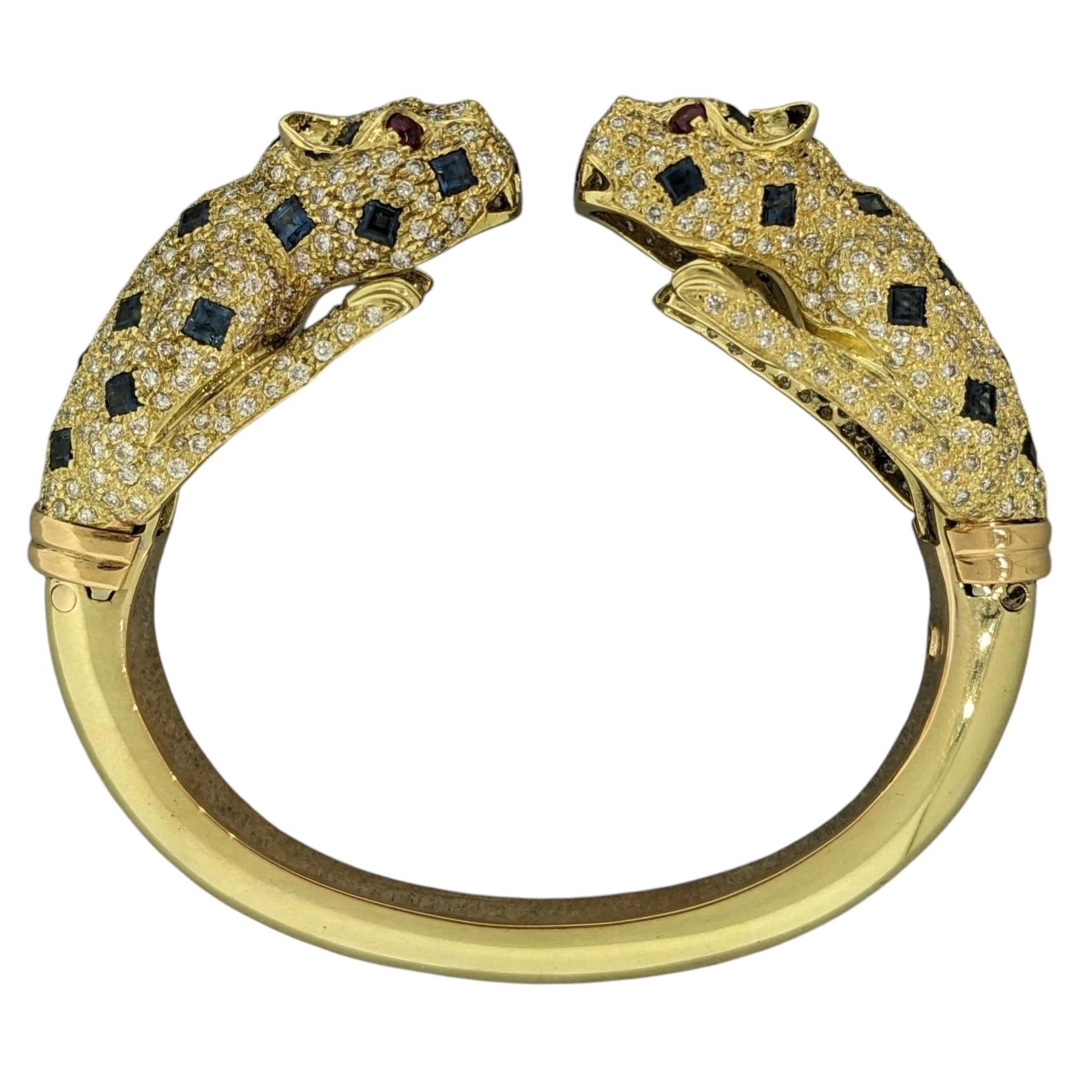 Panther Sapphire and Diamond Pave Bangle Bracelet in 18k Yellow Gold