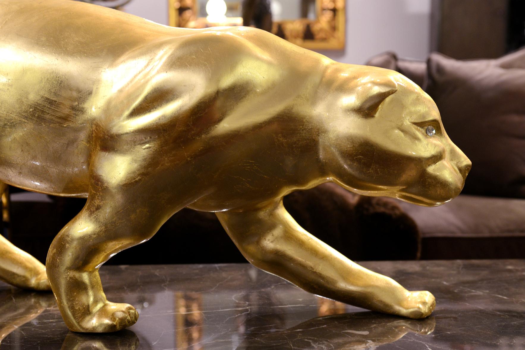 French Panther Sculpture Resin in Gold Finish Eyes in Swarovski Crystal For Sale