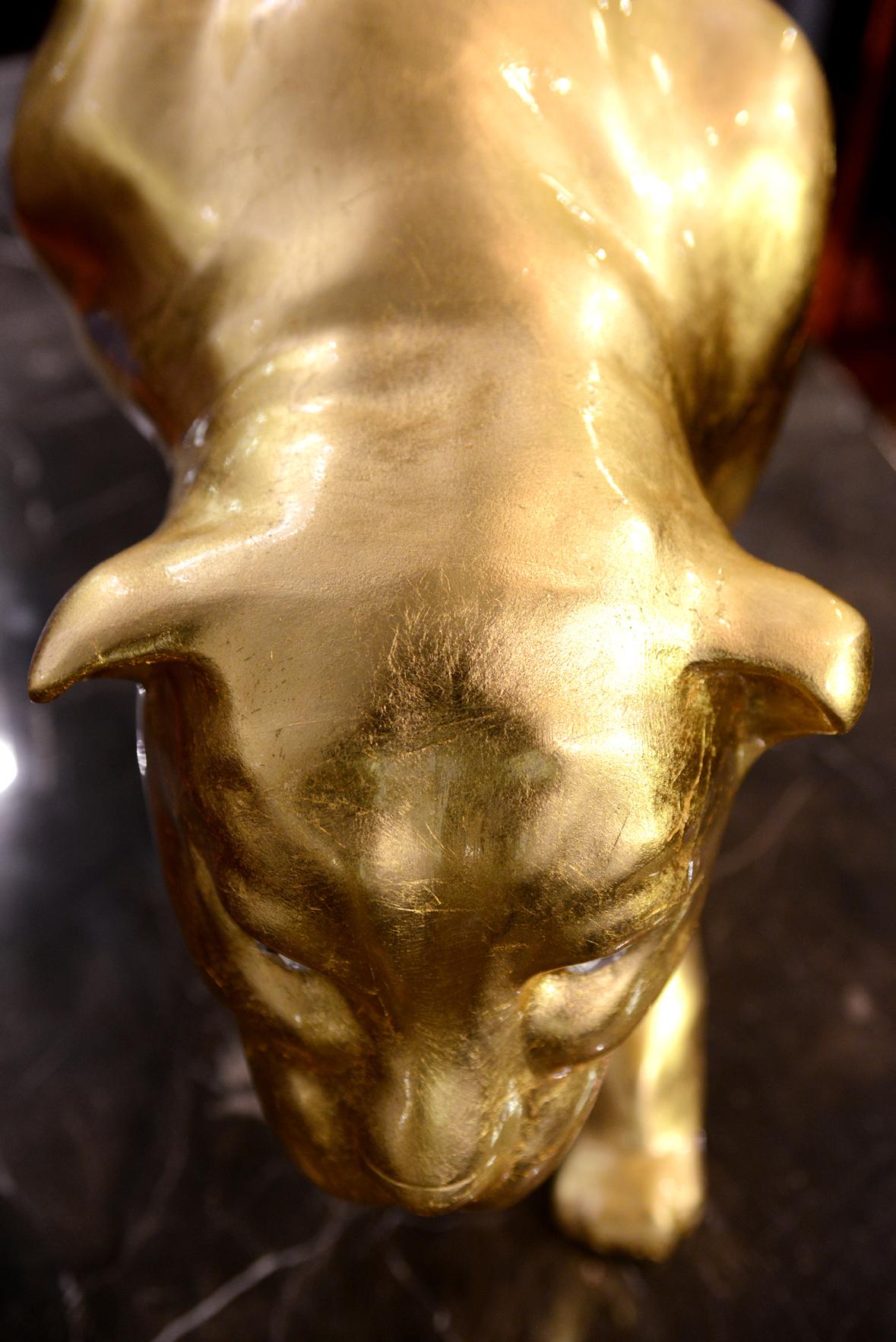 Gilt Panther Sculpture Resin in Gold Finish Eyes in Swarovski Crystal For Sale