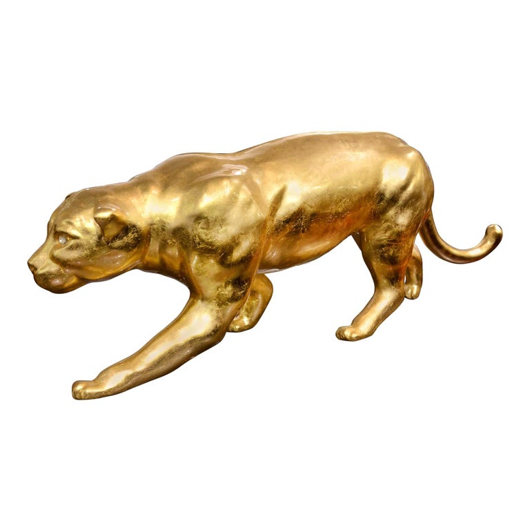 Panther Sculpture Resin in Gold Finish Eyes in Swarovski Crystal For Sale  at 1stDibs