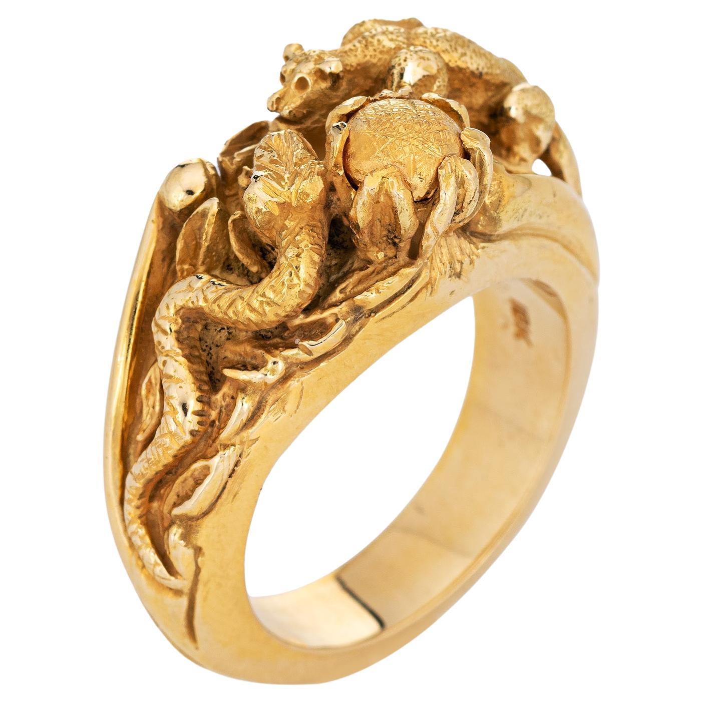 Panther Snake Nest Ring Vintage 18k Yellow Gold Heavy 37 Grams Men's Jewelry For Sale