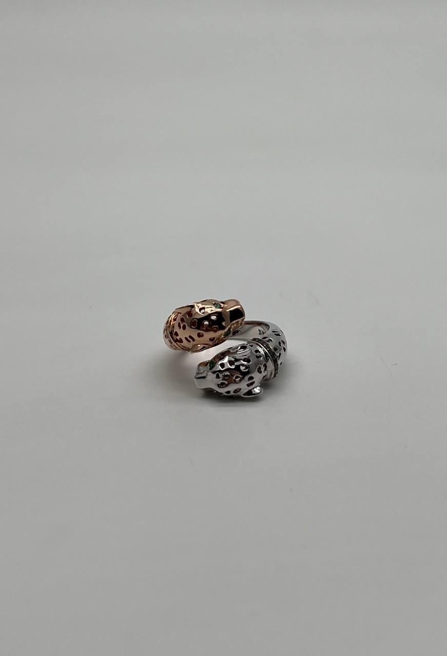 Panther Snow Leopard Double Two Toned 14K Gold Rose White Statement Animal Ring For Sale 7