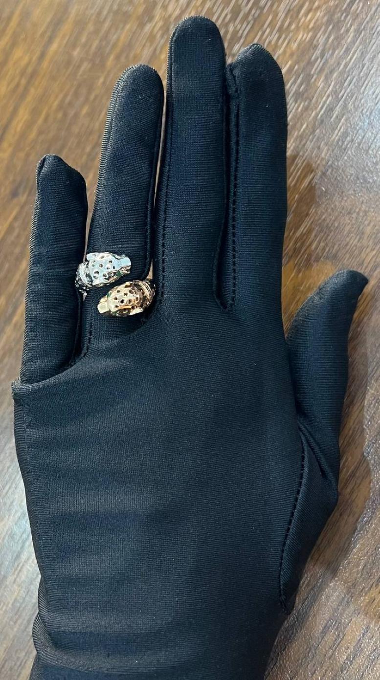 Mixed Cut Panther Snow Leopard Double Two Toned 14K Gold Rose White Statement Animal Ring For Sale
