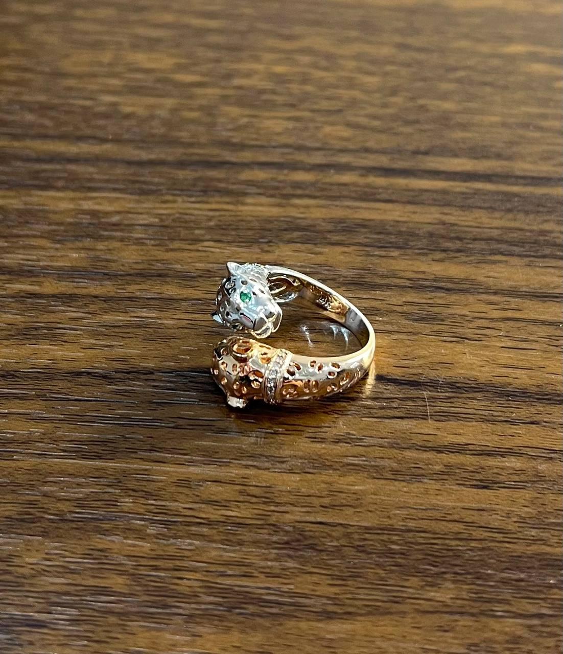 Panther Snow Leopard Double Two Toned 14K Gold Rose White Statement Animal Ring In New Condition For Sale In Oakton, VA