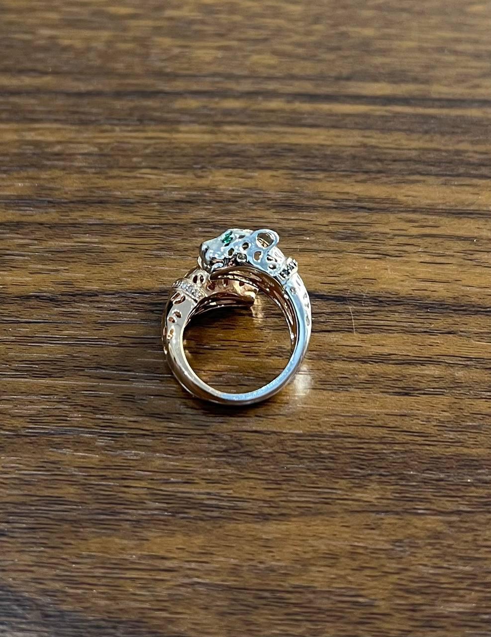 Panther Snow Leopard Double Two Toned 14K Gold Rose White Statement Animal Ring For Sale 3