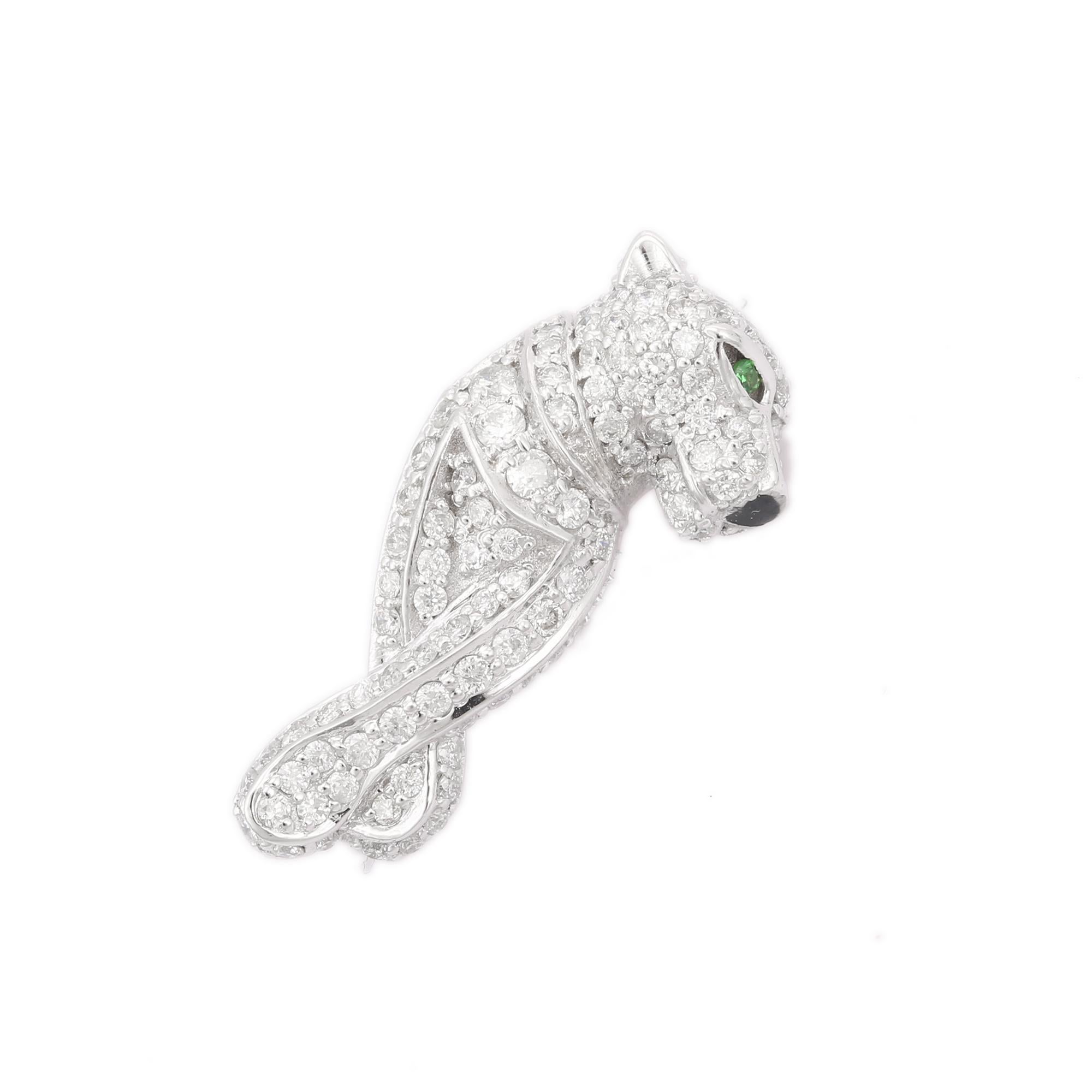 Round Cut Panther Tsavorite Diamond Pendant in 18K White Gold For Sale