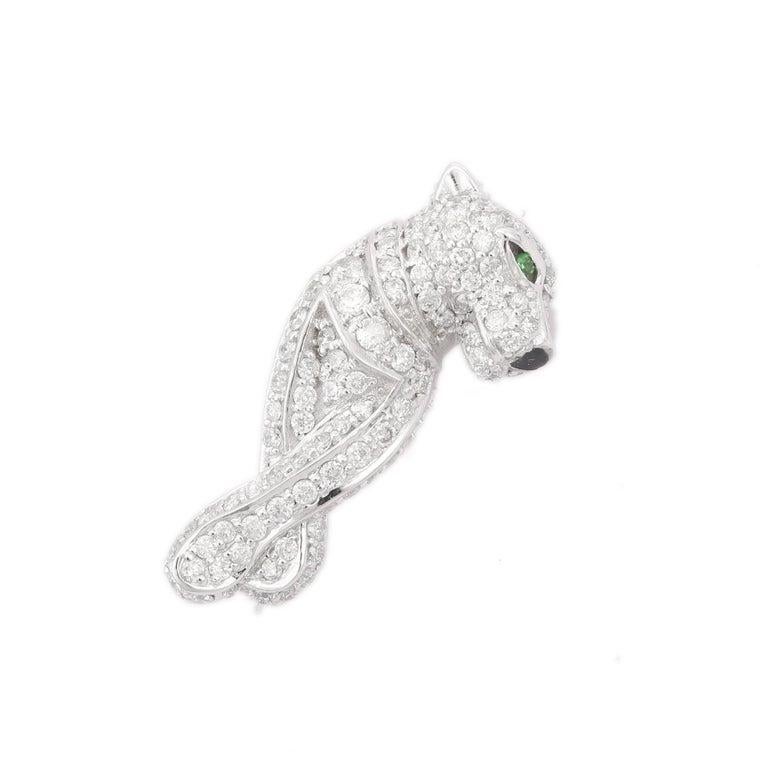 Women's or Men's Stunning Tsavorite & Diamond Panther Pendant in 18K White Gold Fine Jewelry Gift For Sale