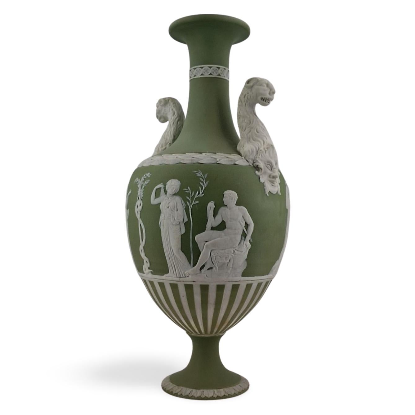Neoclassical Revival Panther Vase in sage green jasperware, Wedgwood, circa 1880
