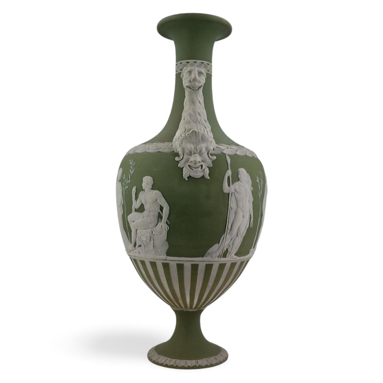 English Panther Vase in sage green jasperware, Wedgwood, circa 1880