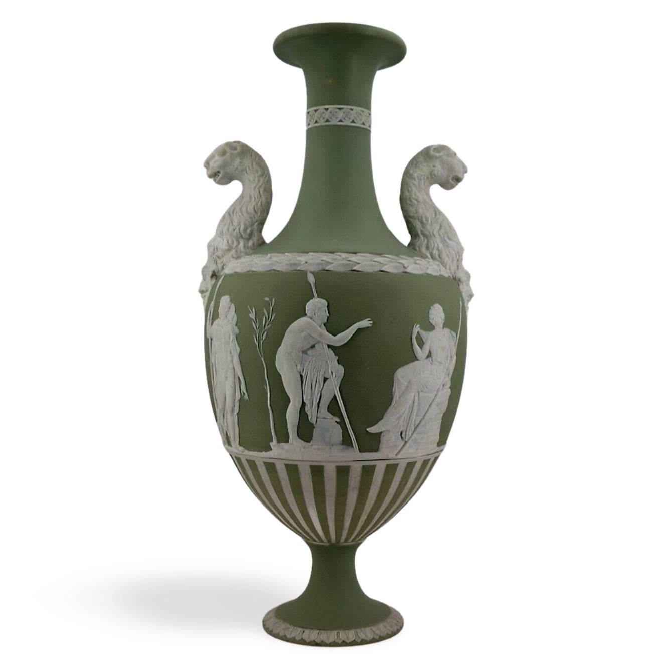 19th Century Panther Vase in sage green jasperware, Wedgwood, circa 1880