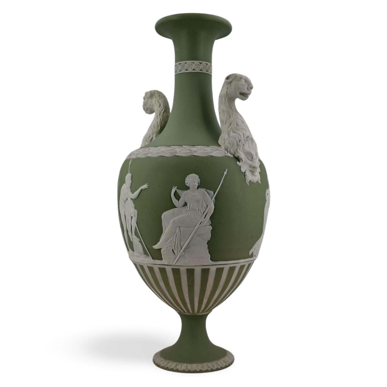 Pottery Panther Vase in sage green jasperware, Wedgwood, circa 1880