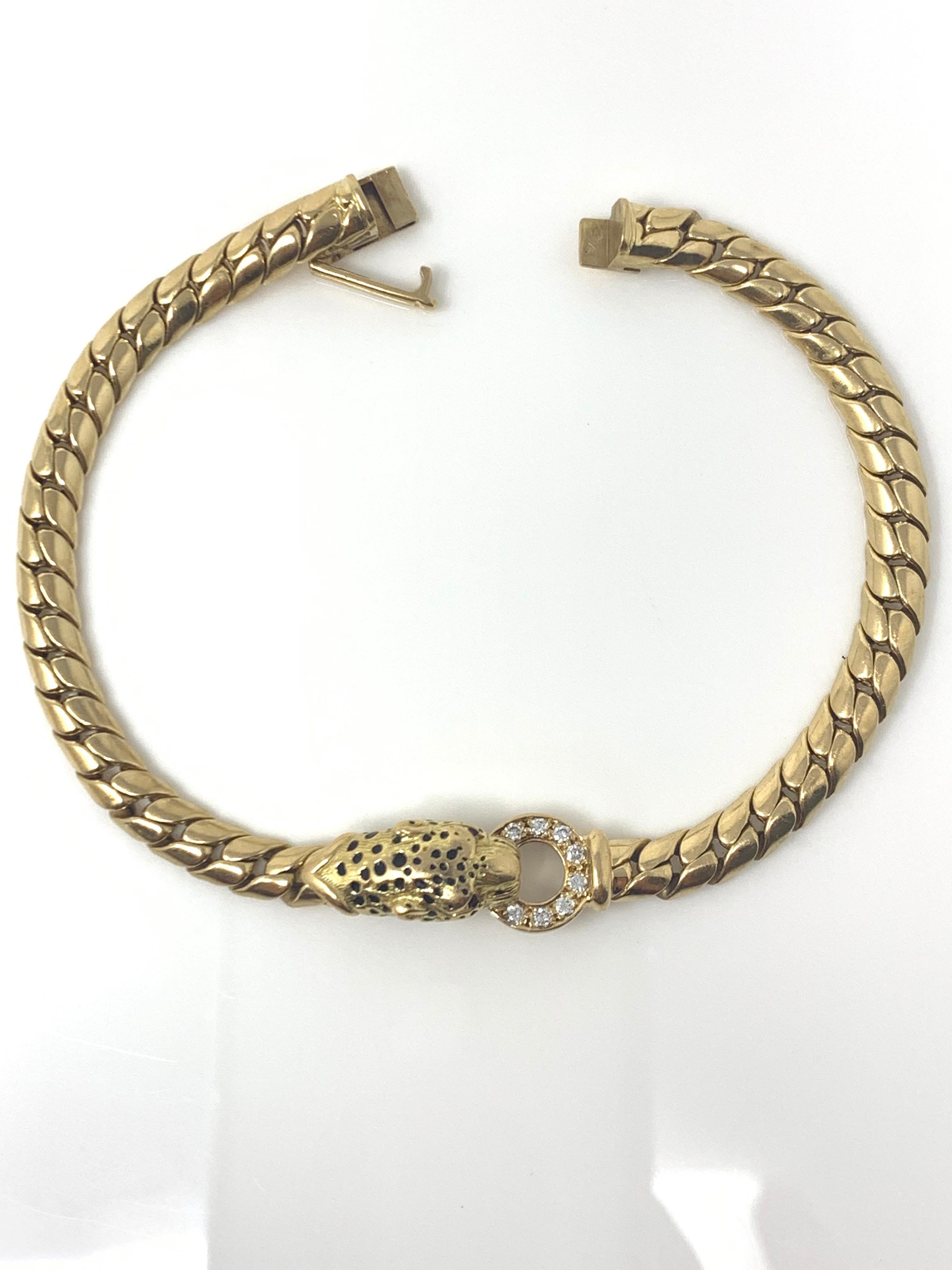 Round Cut Panther White Diamond and Yellow Gold Bracelet in 18 Karat