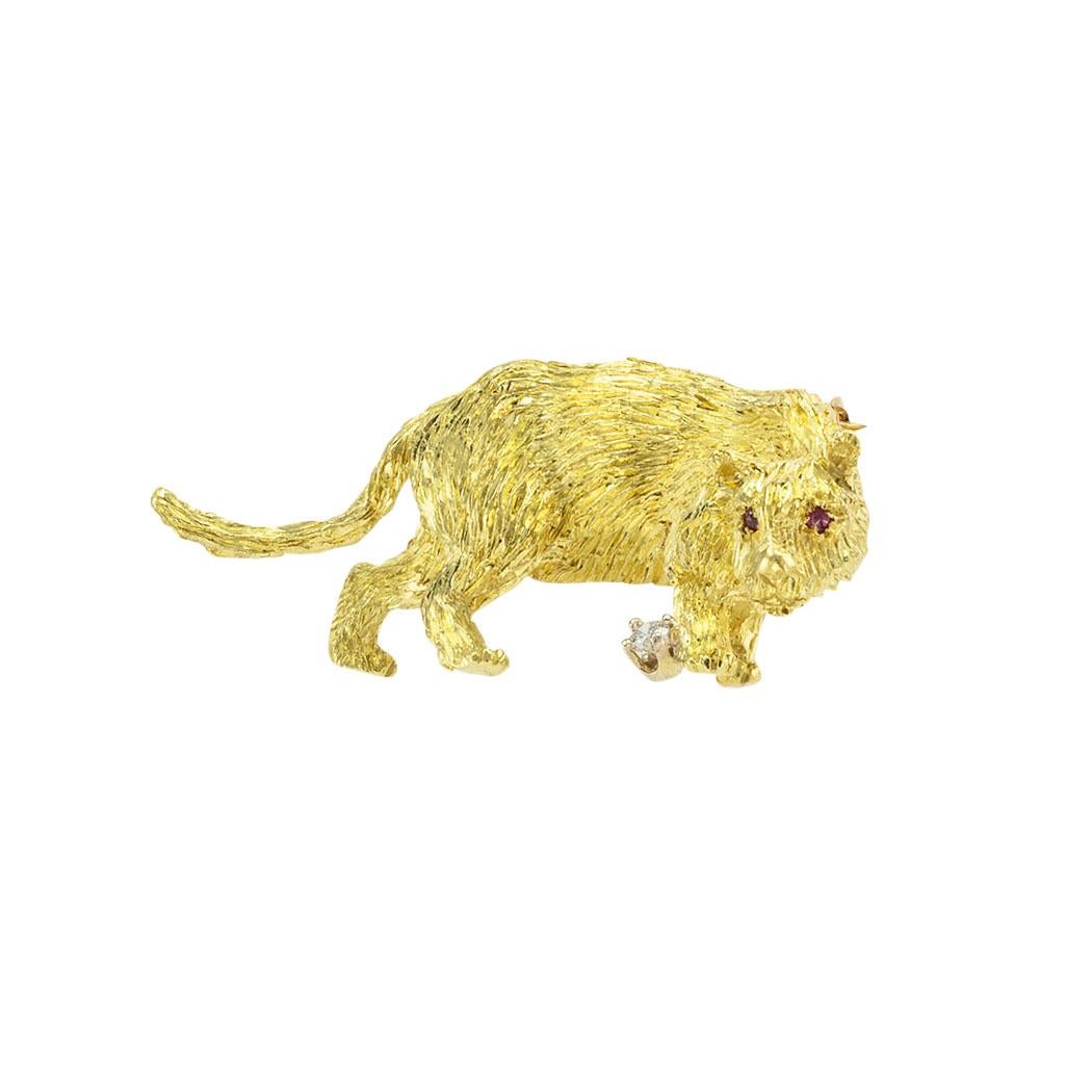 Gold diamond and ruby panther brooch by Guyot circa 1970. *

ABOUT THIS ITEM:  #P5029. Scroll down for specifications.  No matter which angle you look at this panther brooch, you will be impressed by how perfectly the artist captured the silence and