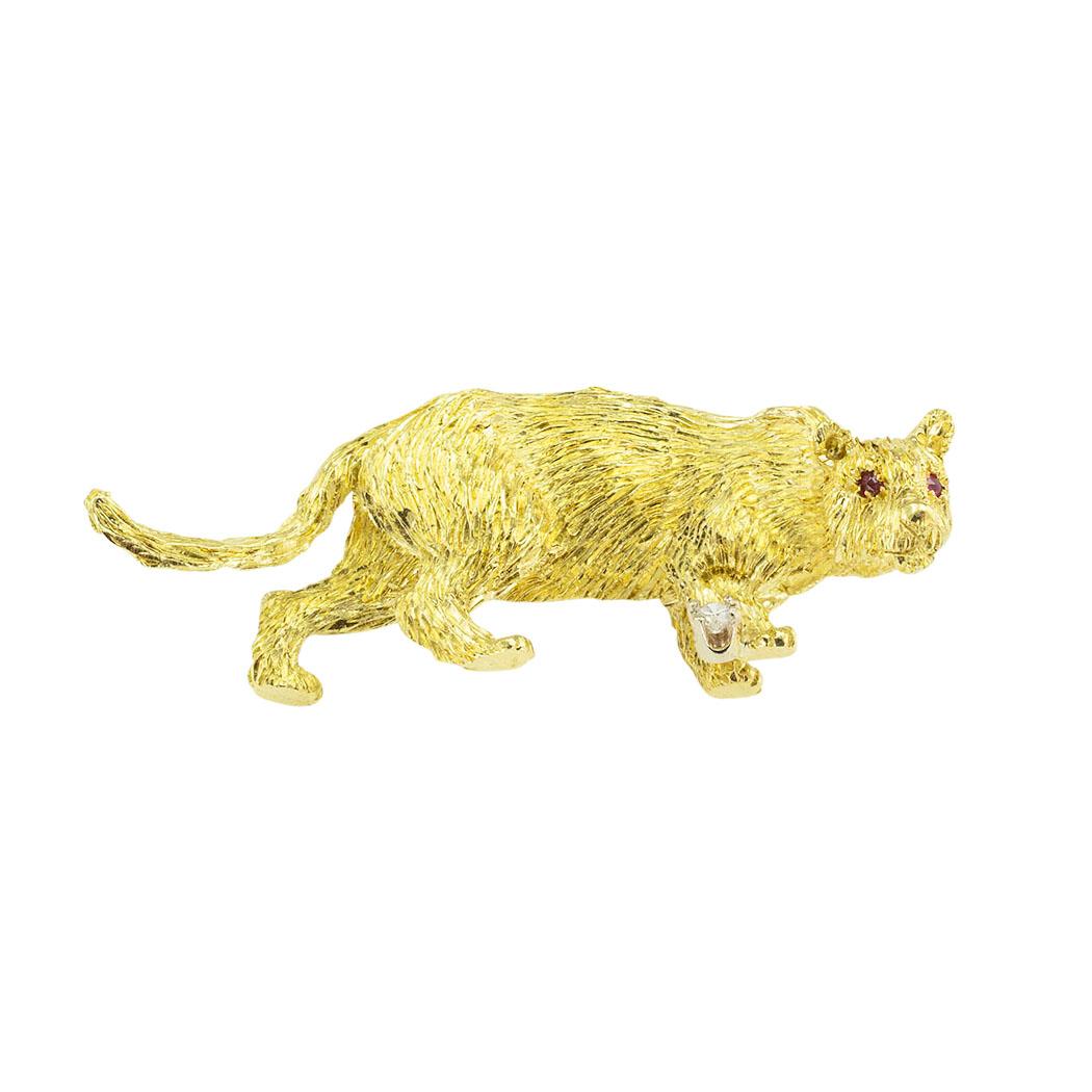Round Cut Panther Yellow Gold Brooch
