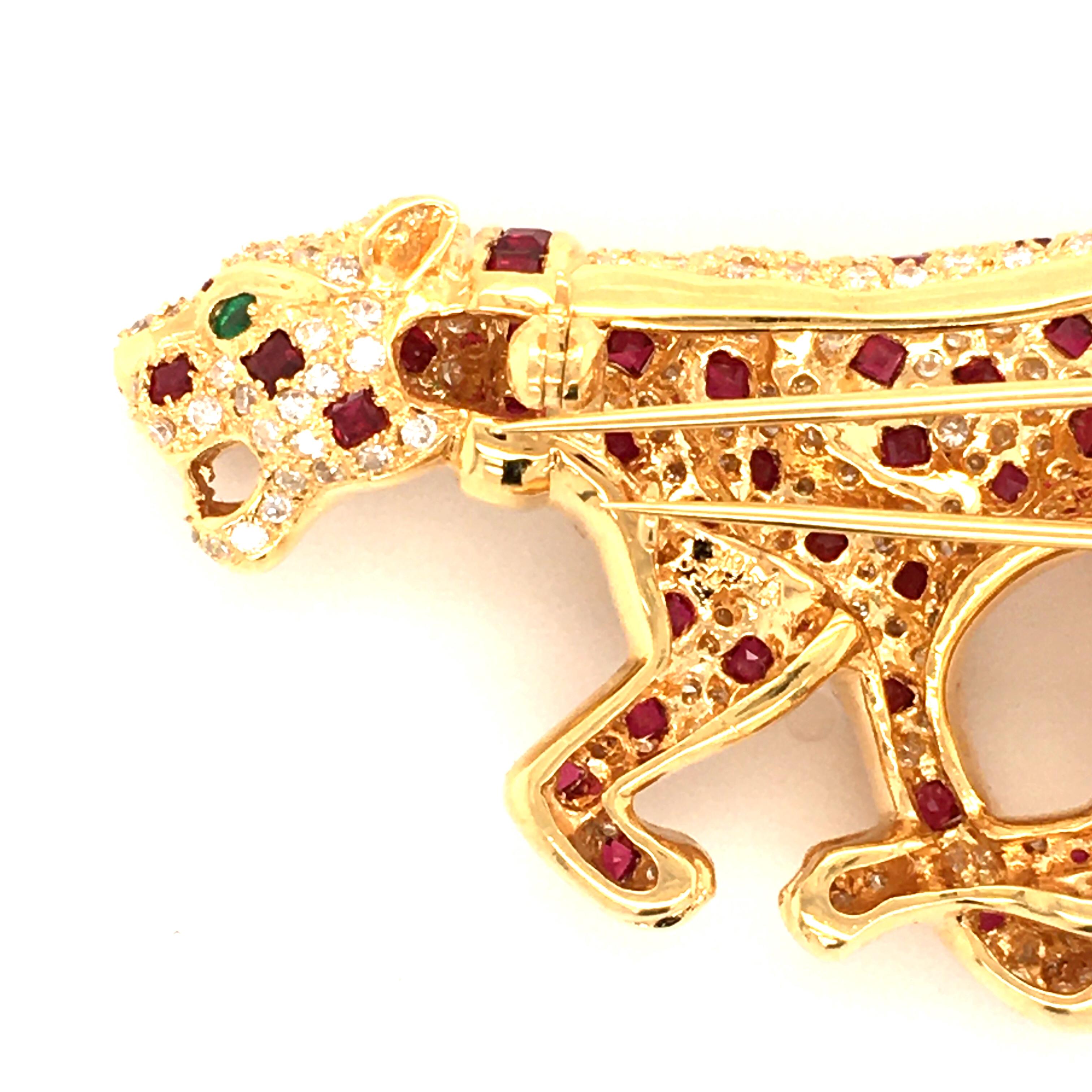 Unique Panther Brooch with Rubies and Diamonds in 18 Karat Yellow Gold 4