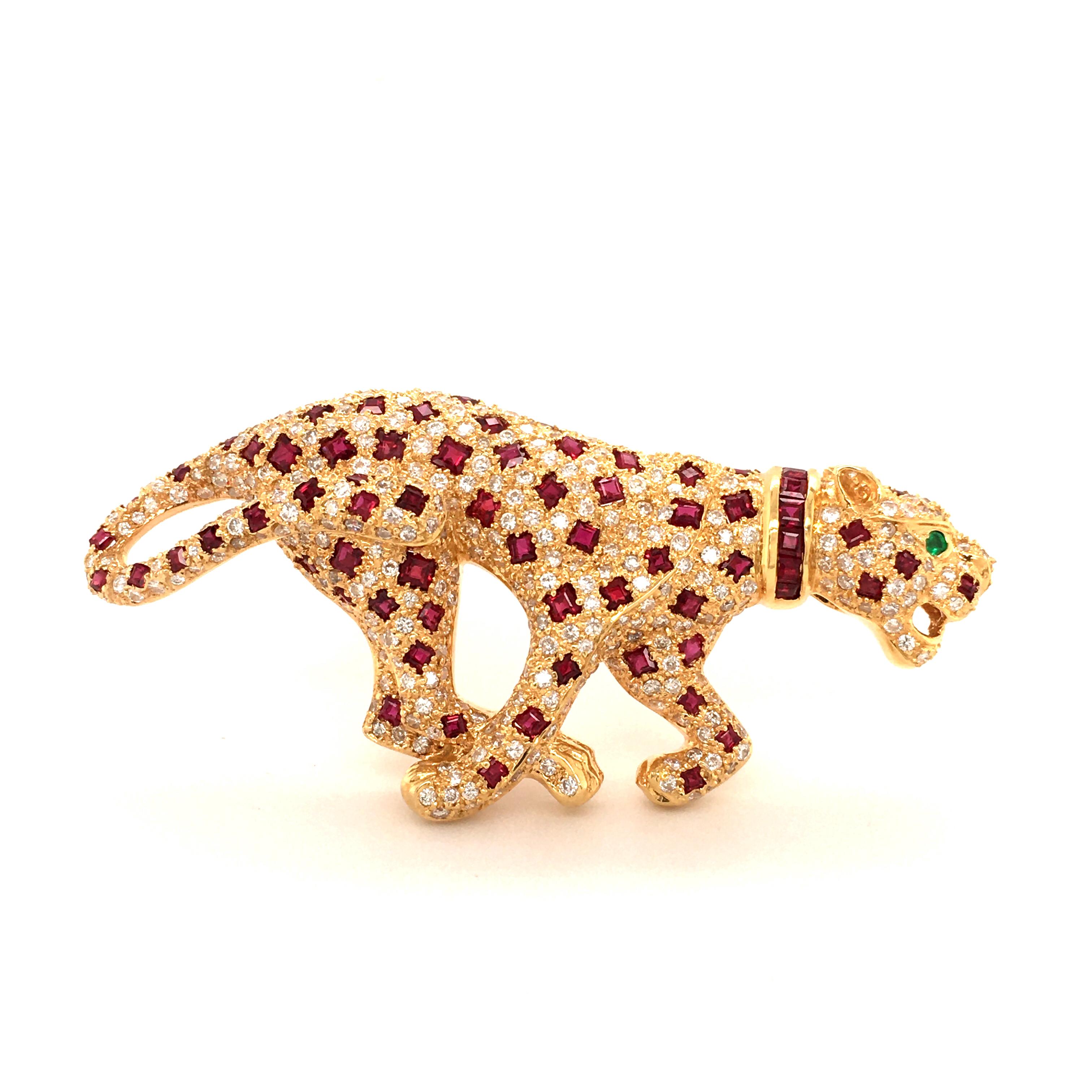 This beautifully designed brooch in the shape of a powerful and fast moving panther is set with 80 square-cut rubies (total weight approximately 4.00 carats) and 370 brilliant-cut diamonds (total weight approximately 3.70 carats, G/H-vs/si). The