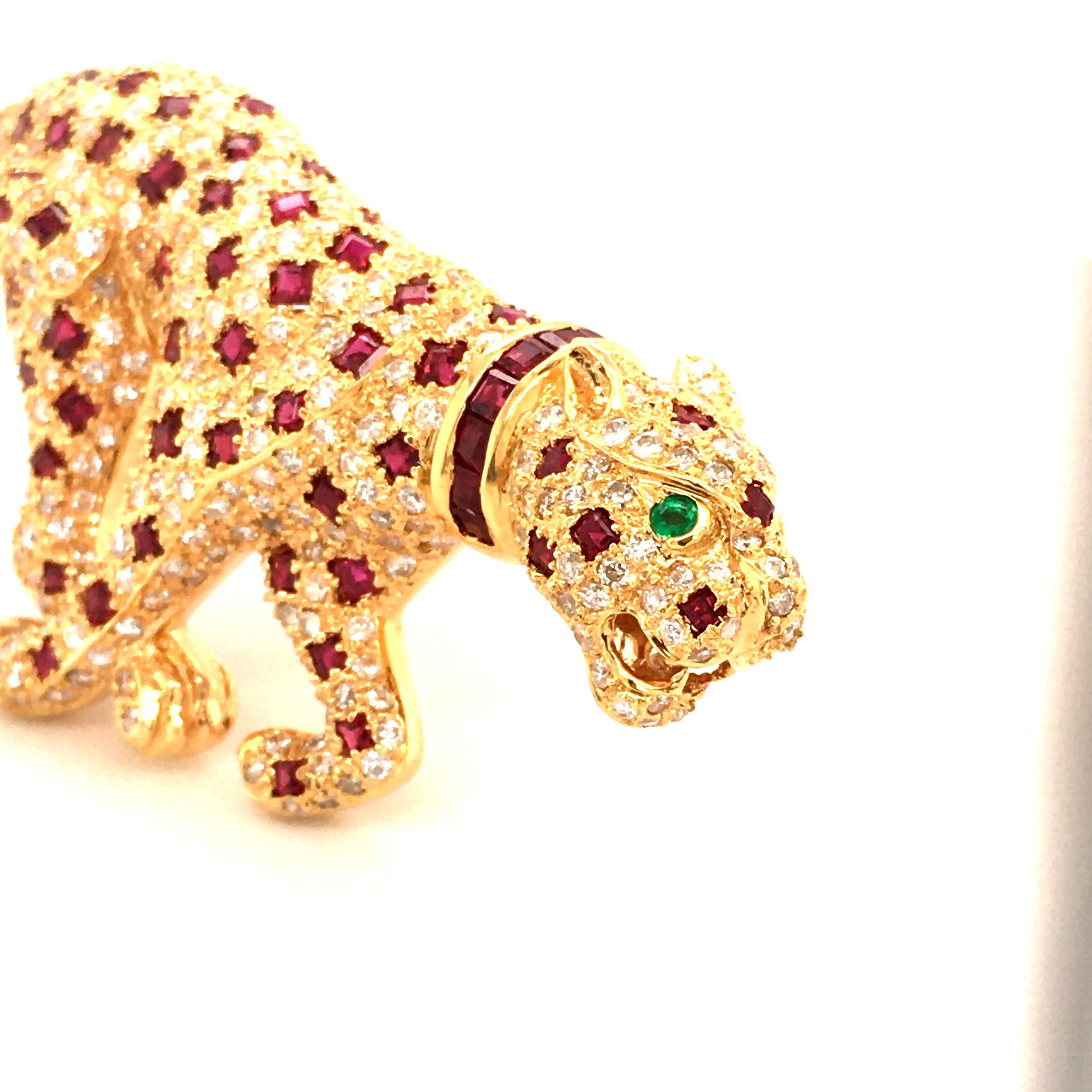 Modern Unique Panther Brooch with Rubies and Diamonds in 18 Karat Yellow Gold