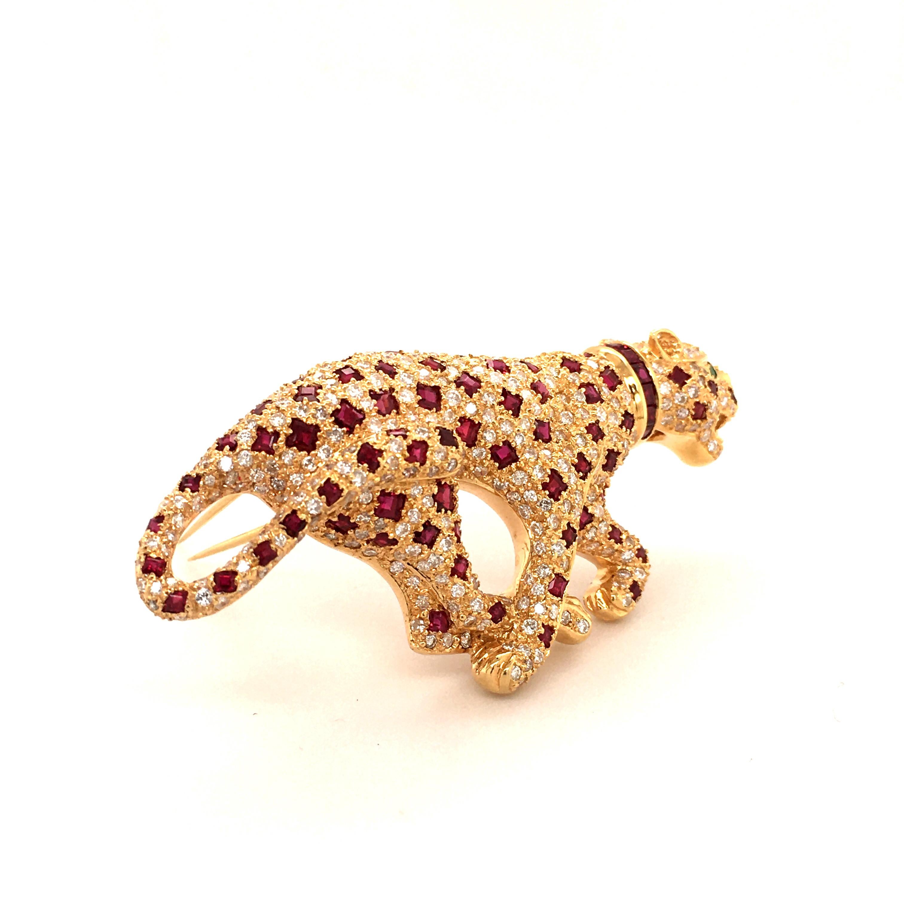 Round Cut Unique Panther Brooch with Rubies and Diamonds in 18 Karat Yellow Gold