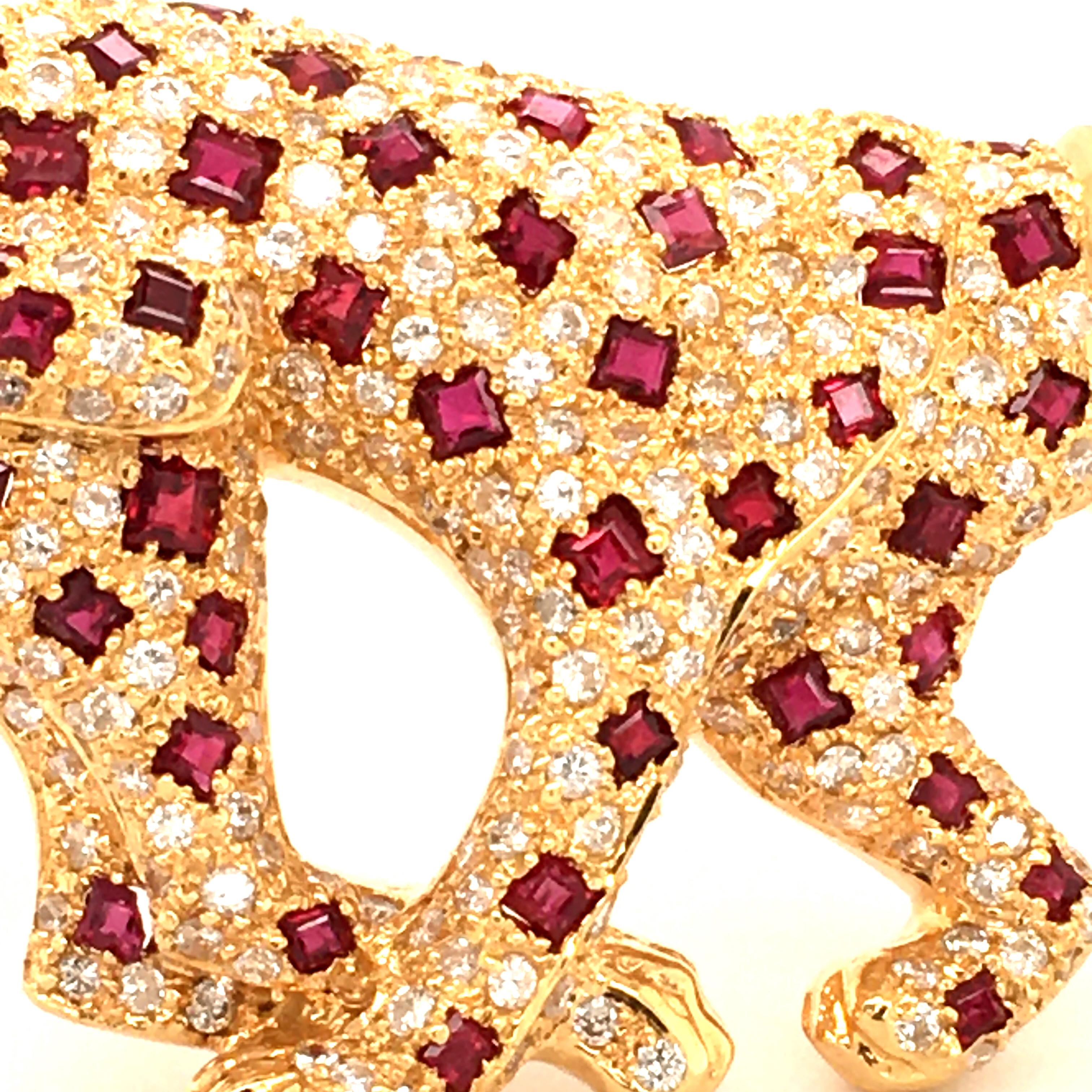 Women's or Men's Unique Panther Brooch with Rubies and Diamonds in 18 Karat Yellow Gold