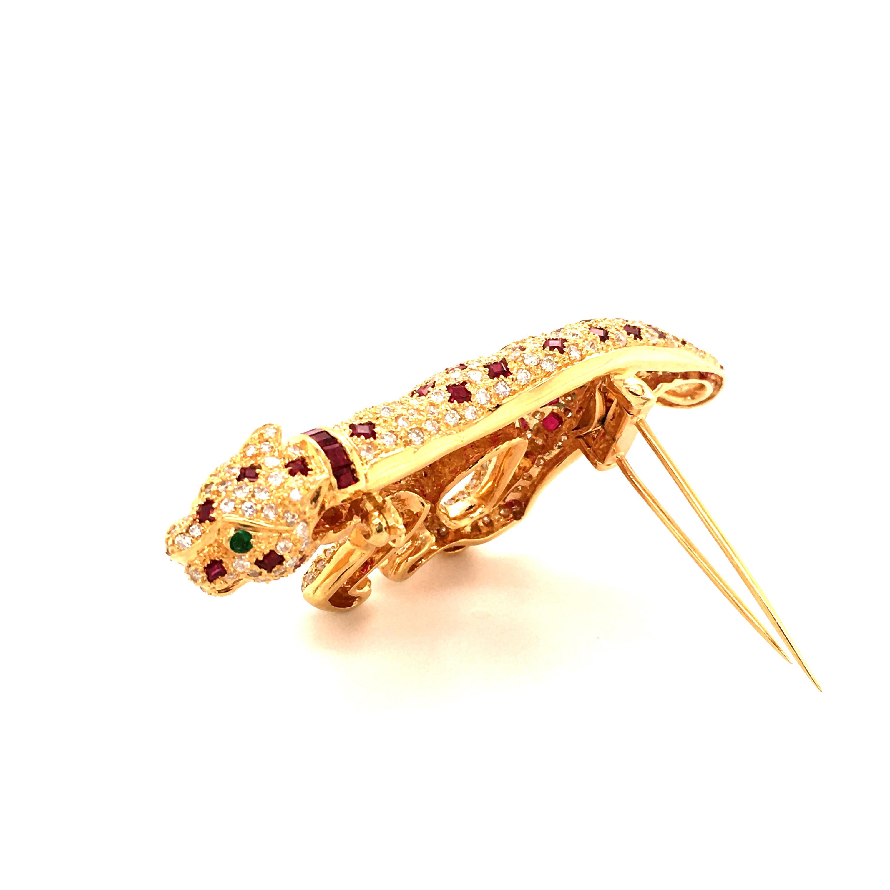 Unique Panther Brooch with Rubies and Diamonds in 18 Karat Yellow Gold 1