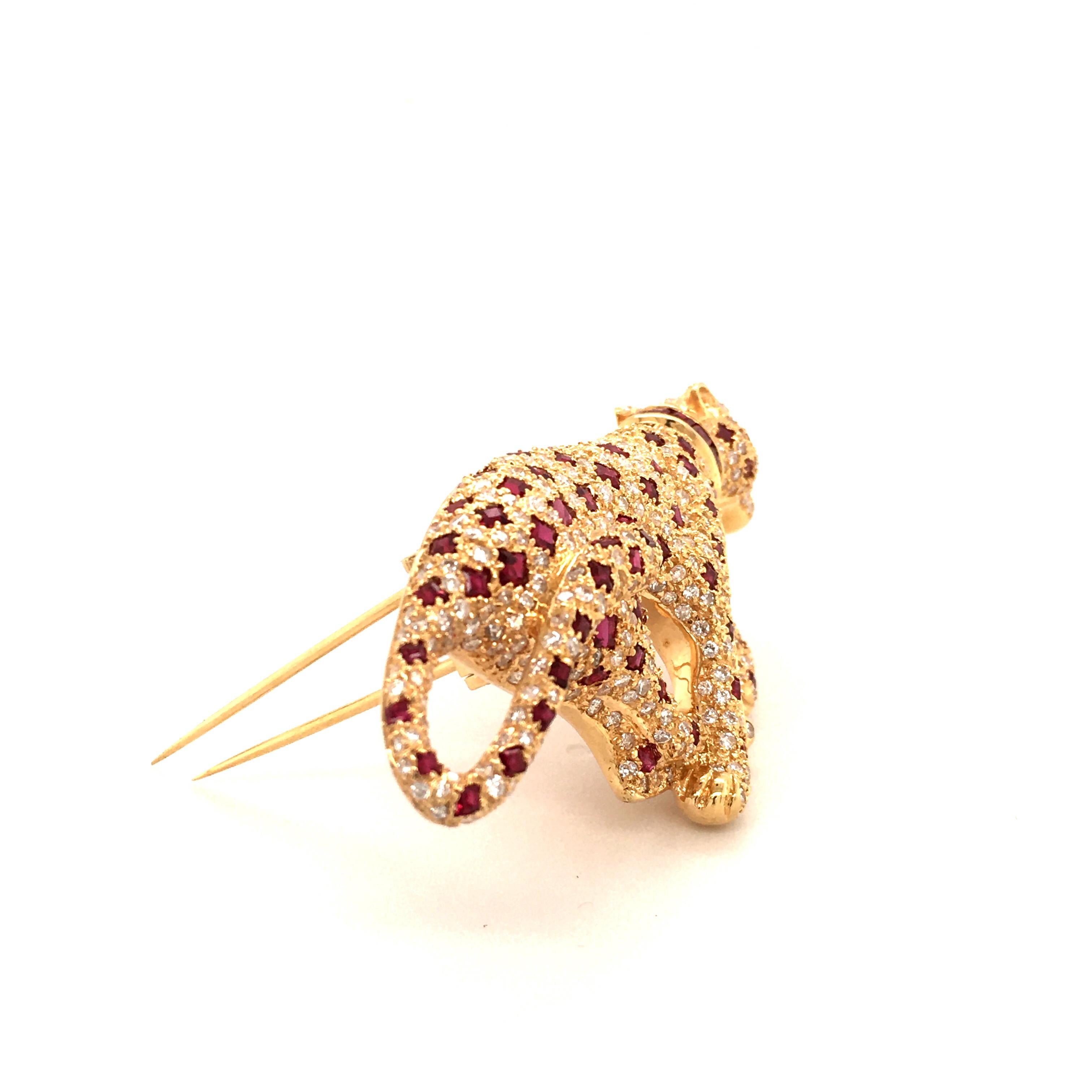 Unique Panther Brooch with Rubies and Diamonds in 18 Karat Yellow Gold 2