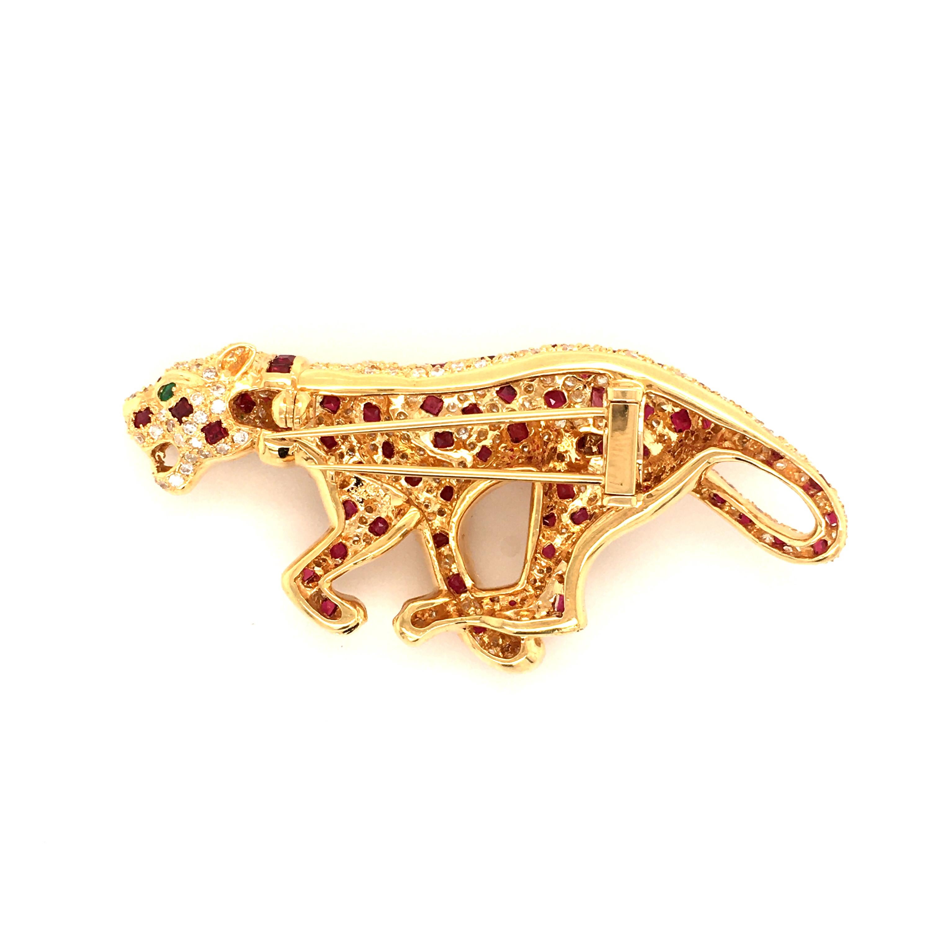 Unique Panther Brooch with Rubies and Diamonds in 18 Karat Yellow Gold 3